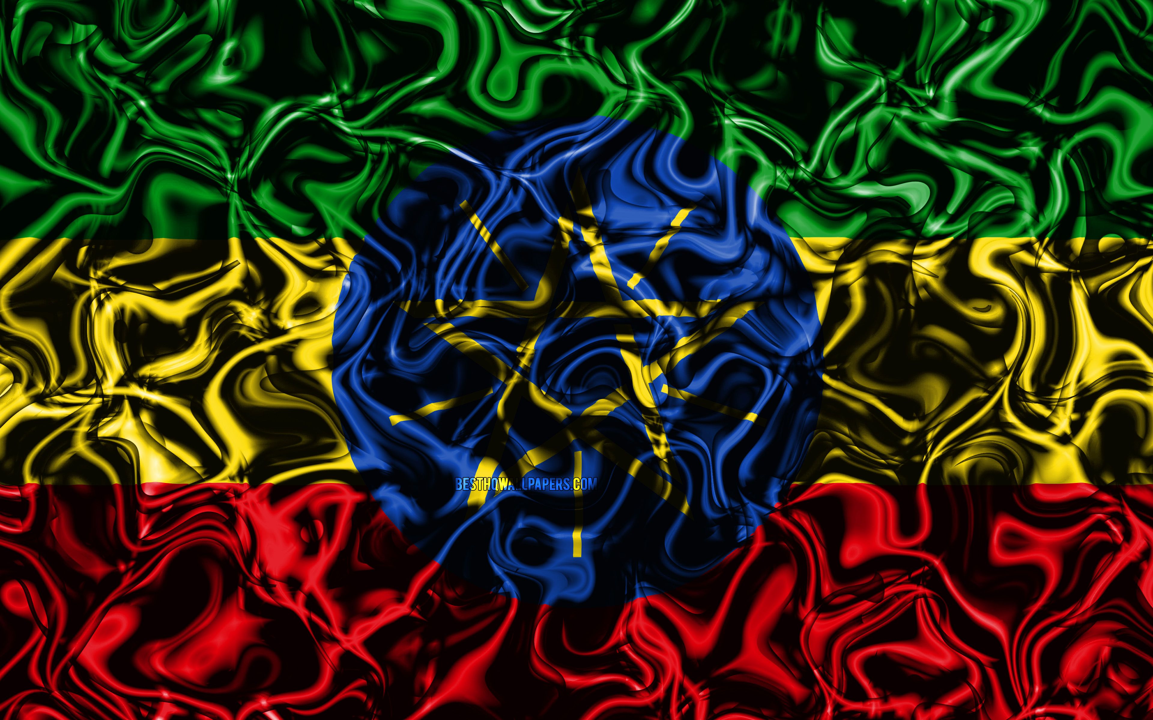 Download wallpaper 4k, Flag of Ethiopia, abstract smoke, Africa, national symbols, Ethiopian flag, 3D art, Ethiopia 3D flag, creative, African countries, Ethiopia for desktop with resolution 3840x2400. High Quality HD picture wallpaper