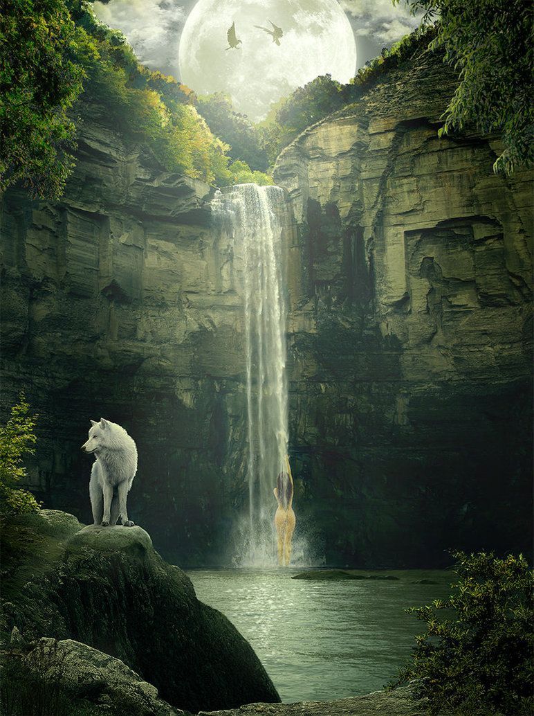 Moon waterfall. Dreamy art, Wolf .br.com