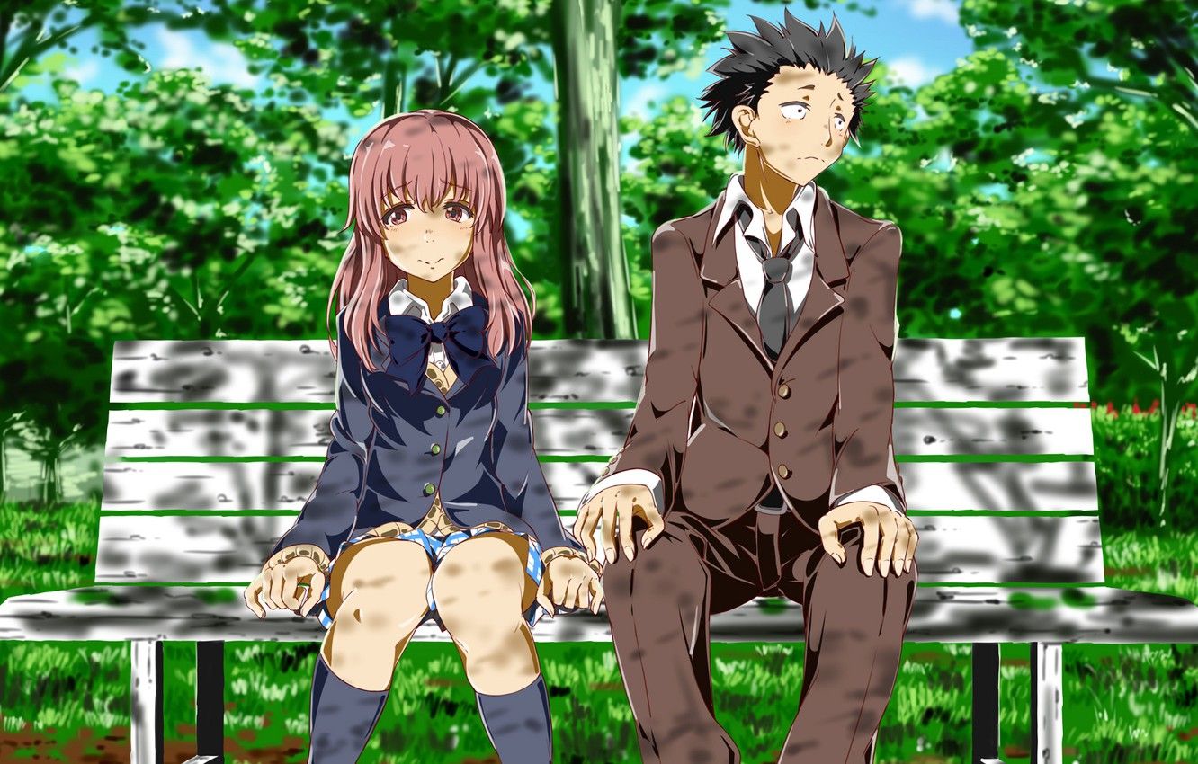 girl, bench, Park, guy, two, Form voice .anime.goodfon.com