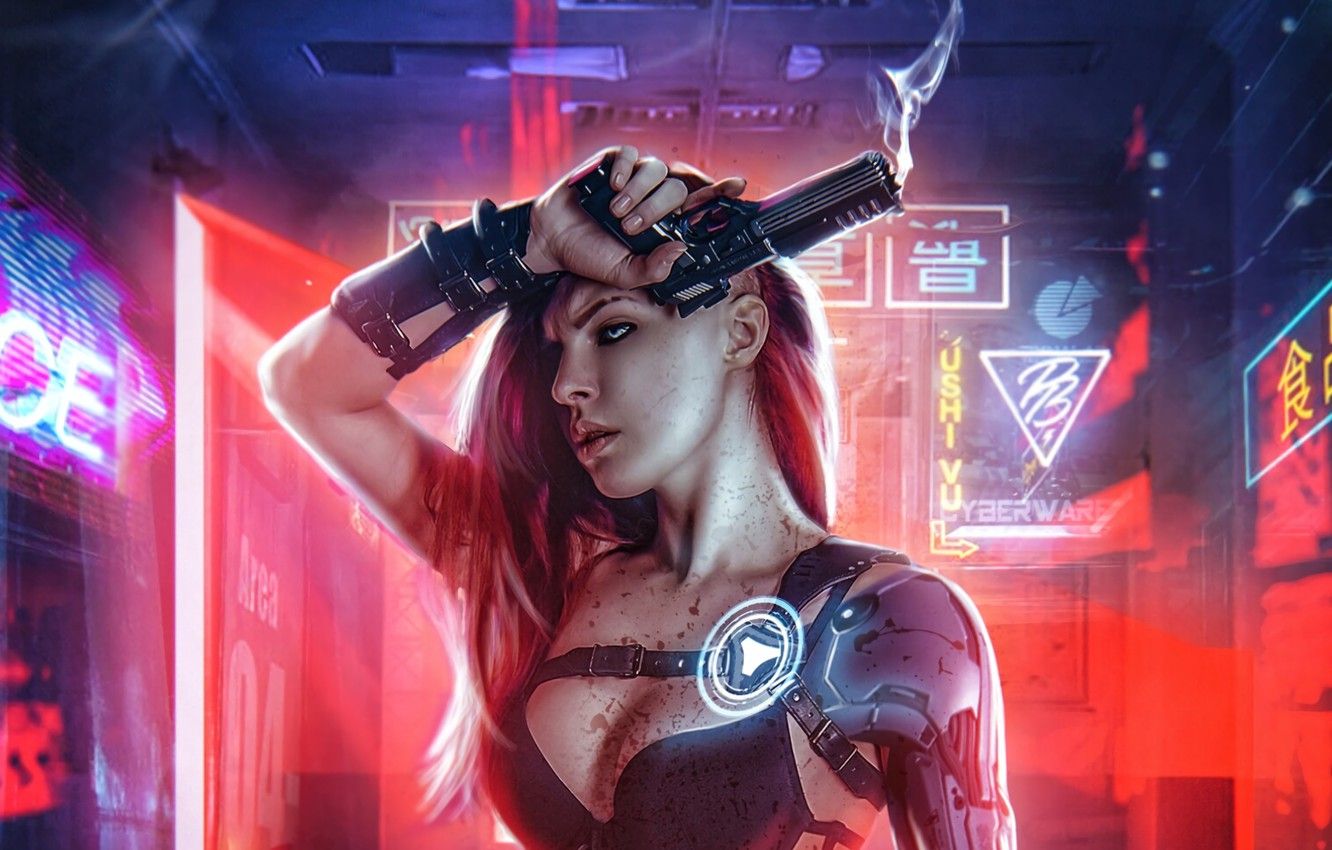 game, game, Cyberpunk, Girl With Gun .goodfon.com
