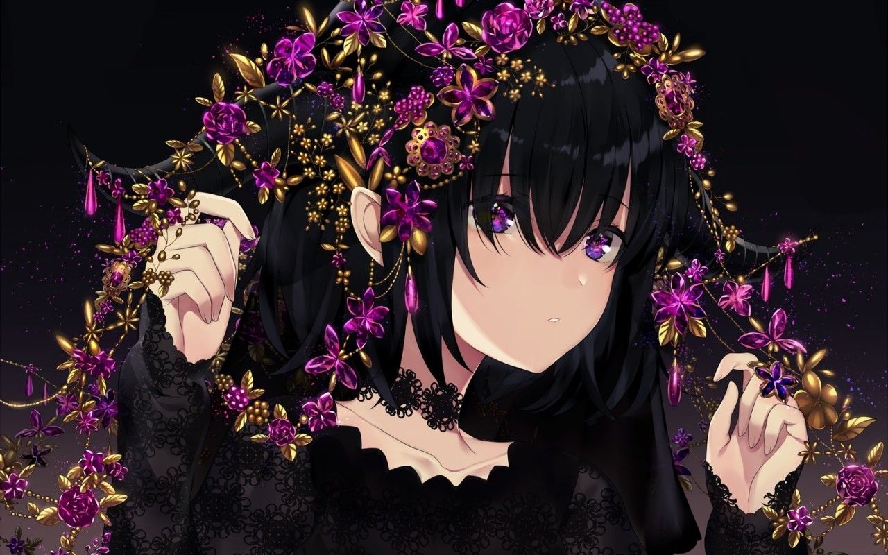 Anime Girl, Black Hair, Choker, Purple Eyes