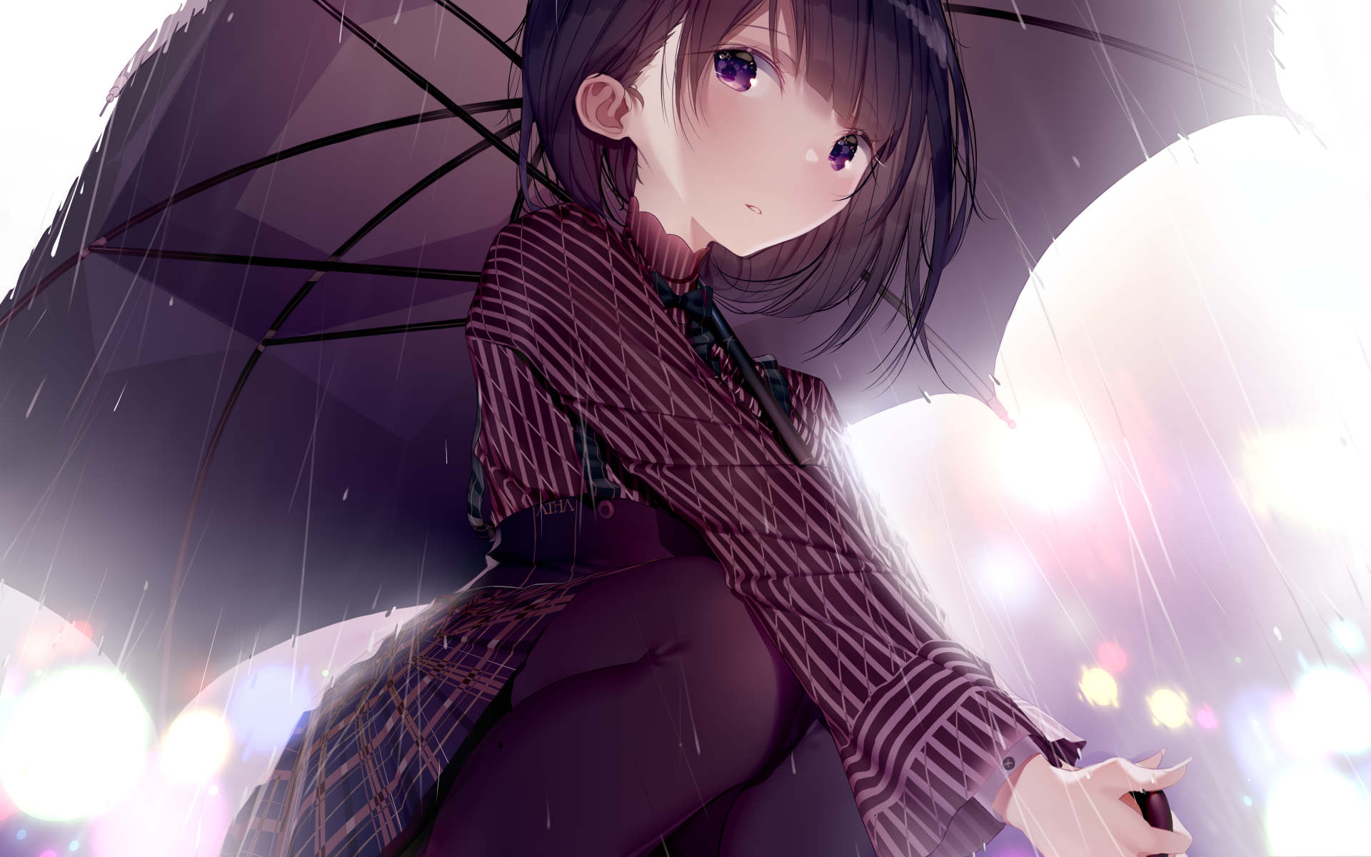 Anime, Brown Hair, Purple Eyes, Umbrella, Rain, Short Hair, Girl wallpaper