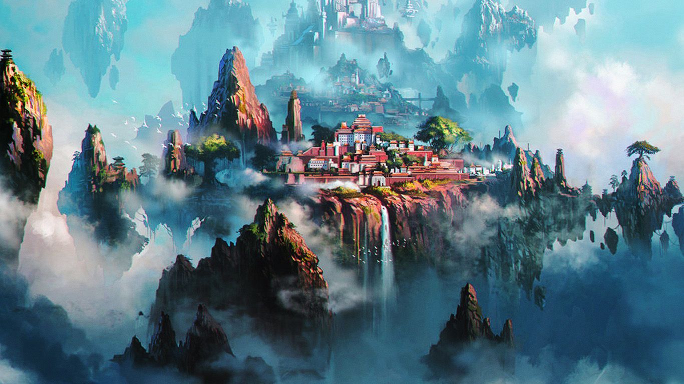 Cloud Town Fantasy Anime Liang Xing Illustration Art Green Wallpaper