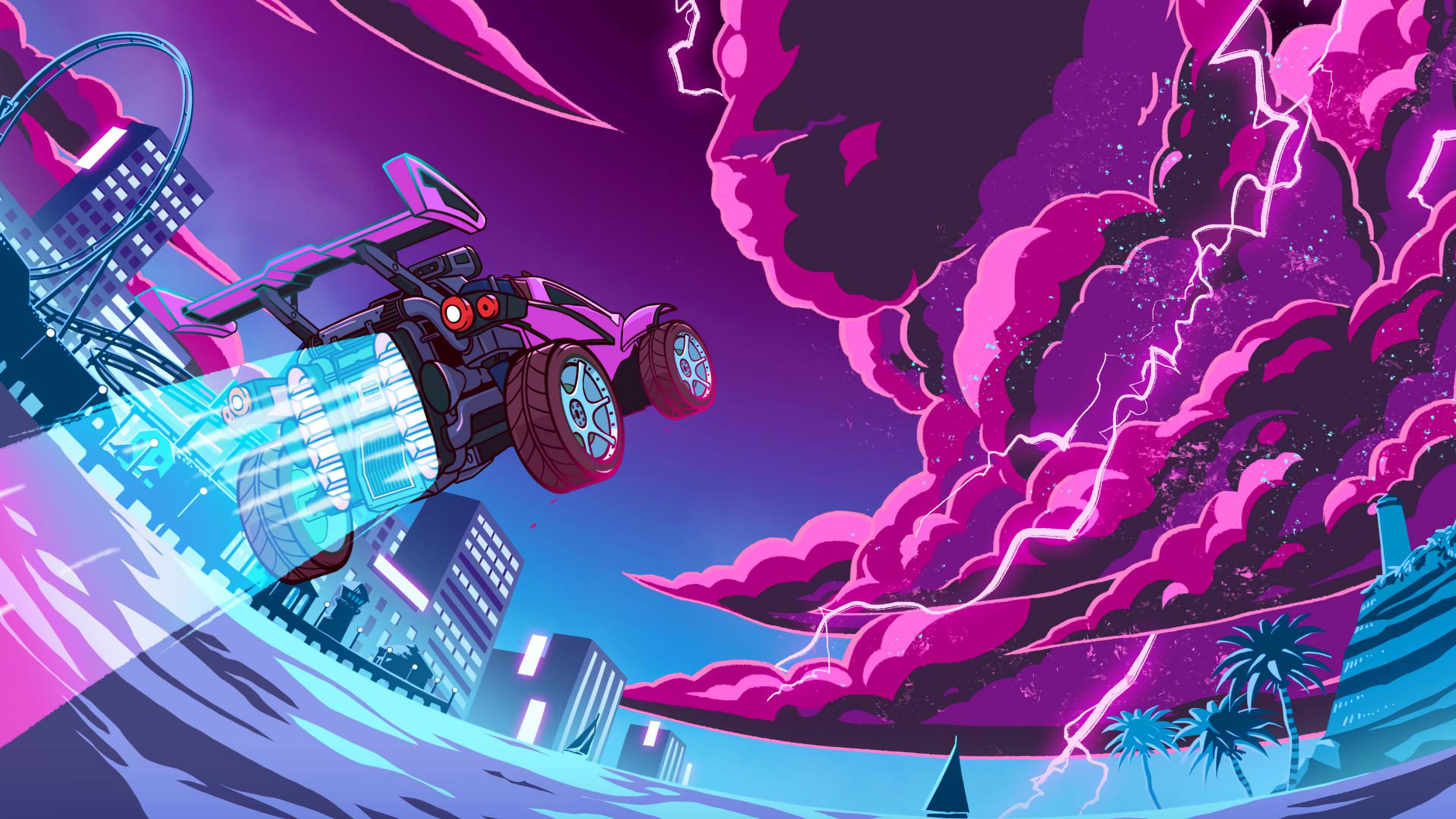 rocket league in purple pink sky background 4k HD games Wallpaper