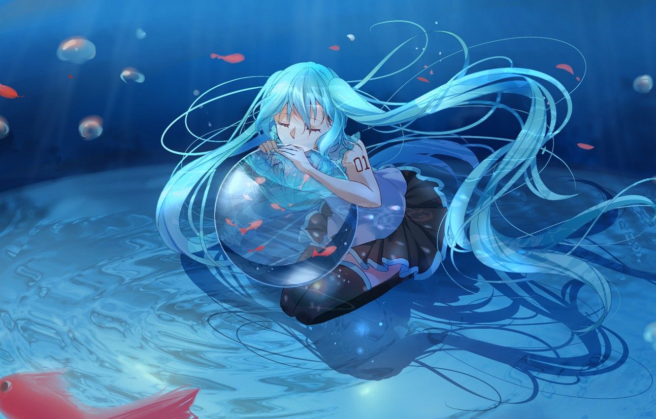 Wallpapers water, girl, fish, ball ...anime.goodfon