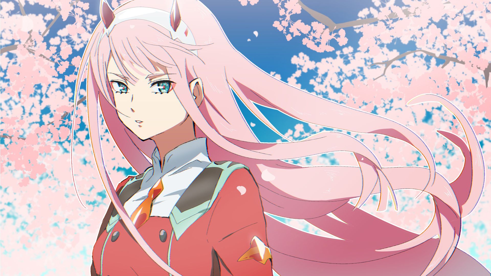 darling in the franxx zero two with pink hair with background of pink flowers and blue sky HD anime Wallpaper