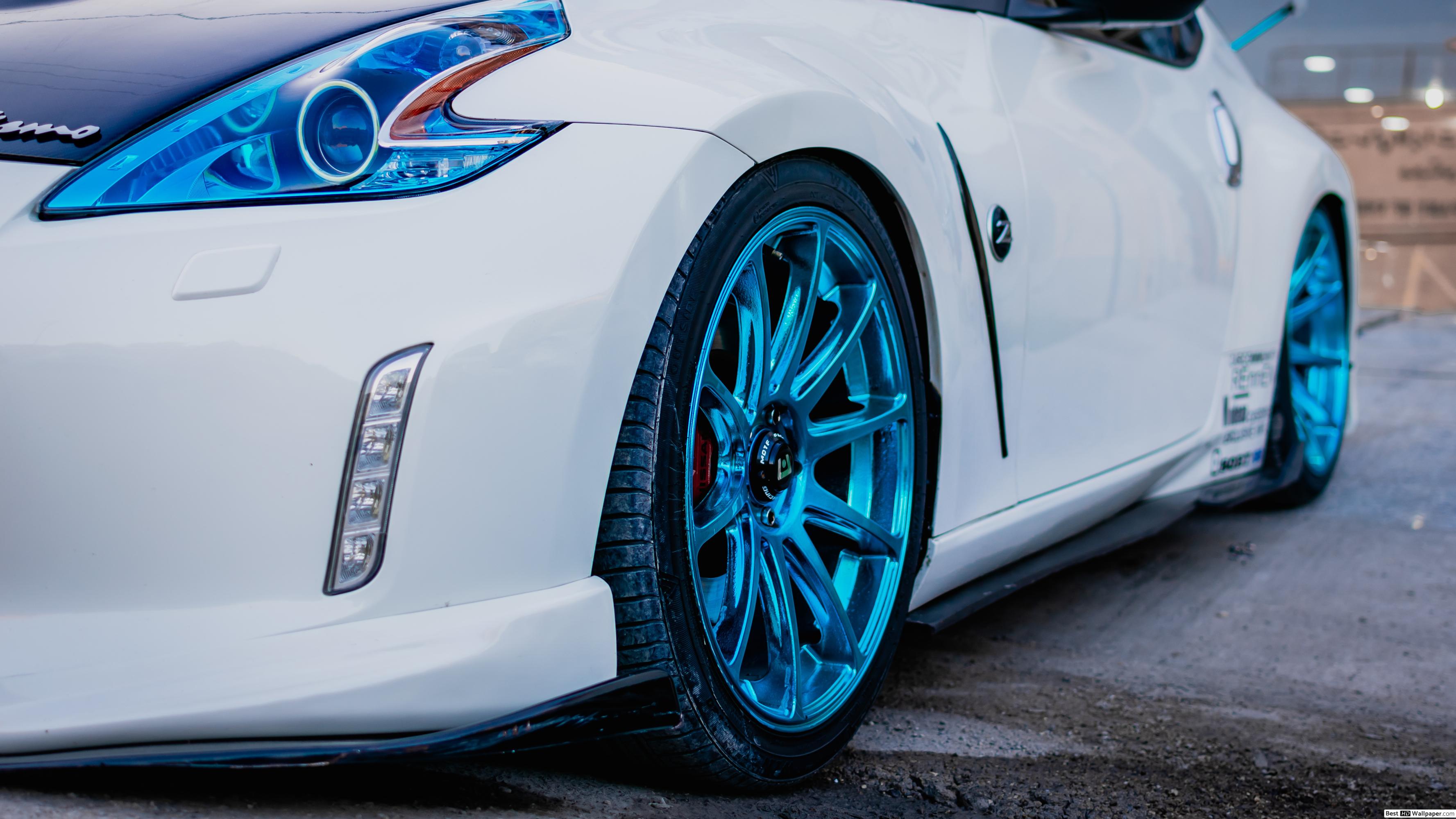White Nissan 370Z coupe and neon blue .besthdwallpaper.com