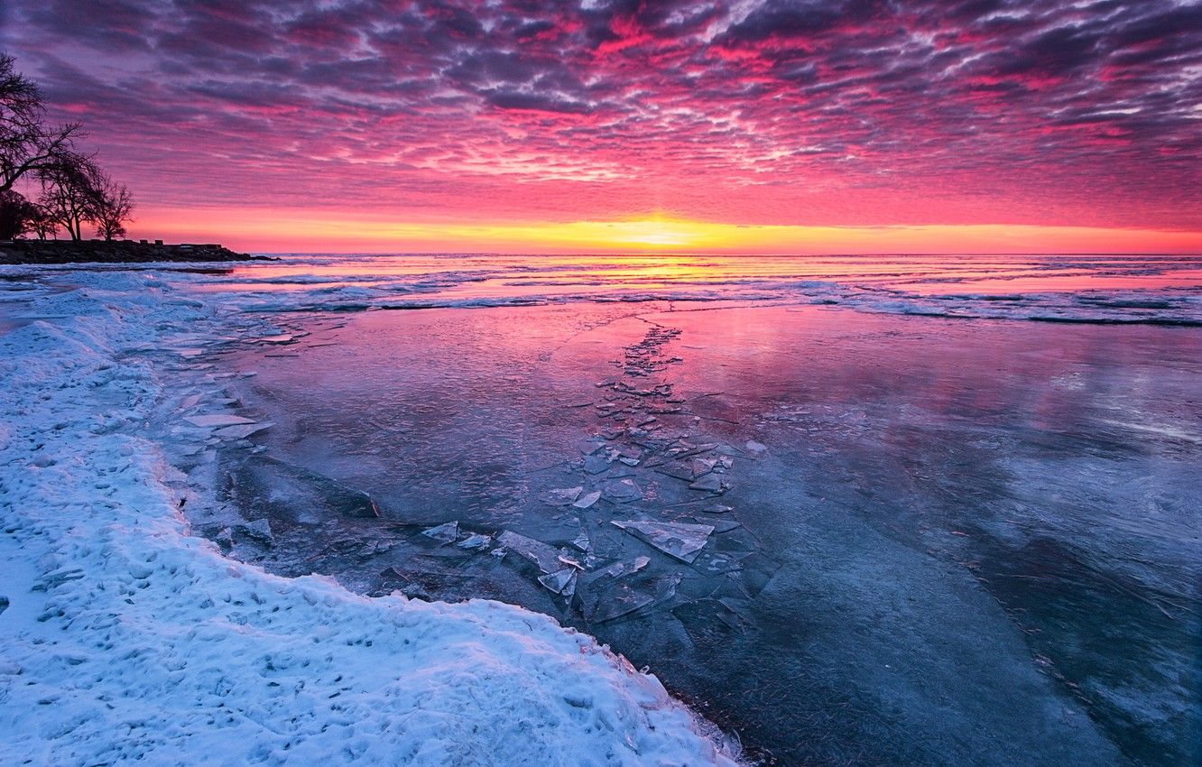 Wallpaper cold, ice, winter, sunset, lake image for desktop, section природа