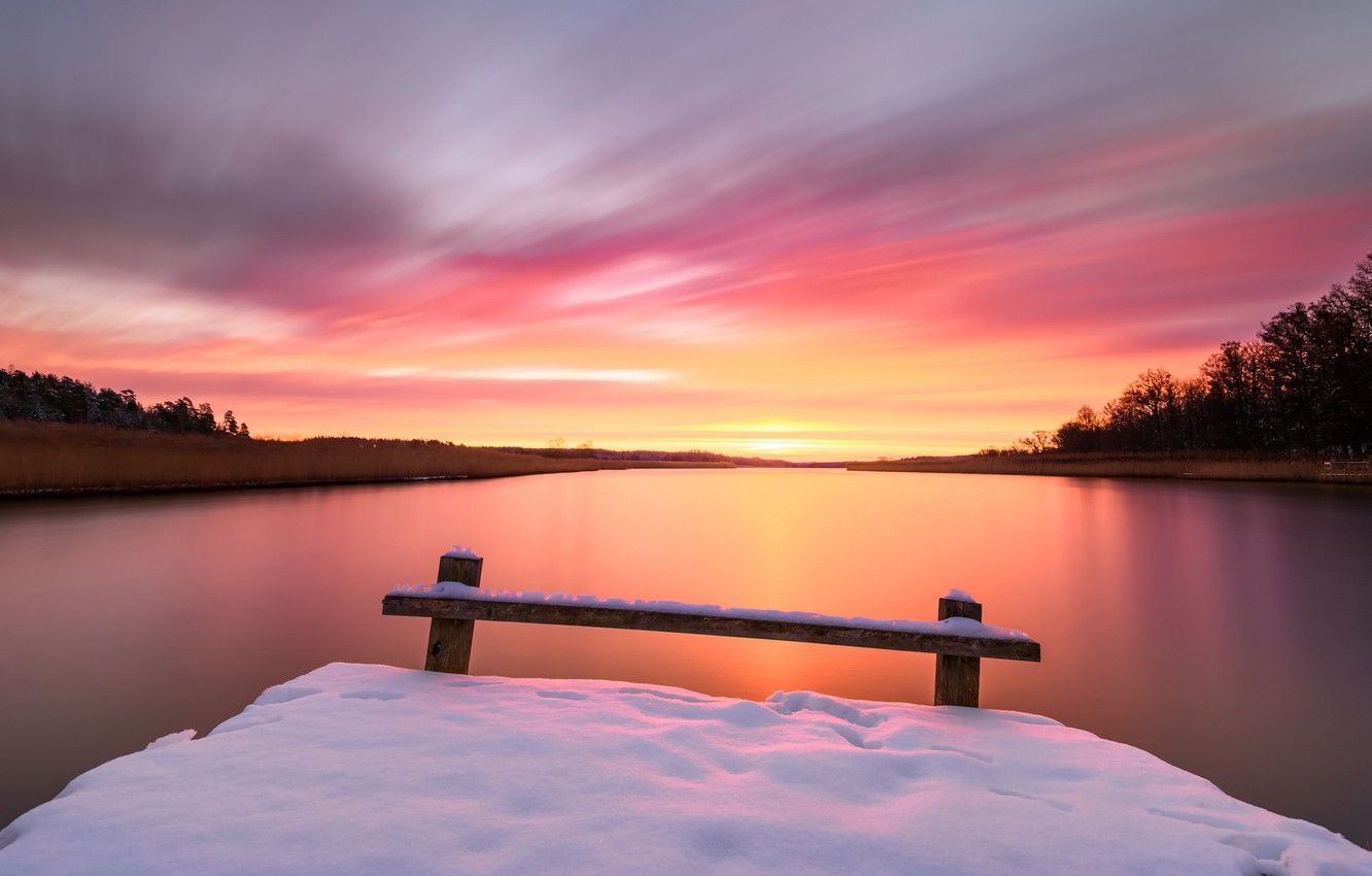 Wallpaper winter, sunset, lake image for desktop, section природа