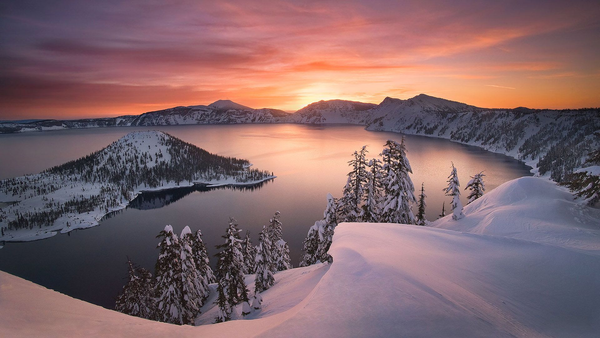 Crater Lake Oregon Usa Sunset Winter Landscape Photography HD Wallpaper For Deskx1080, Wallpaper13.com