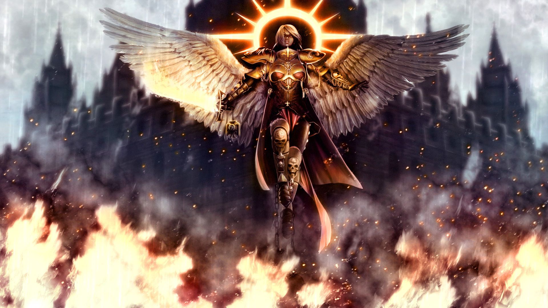 Winged Angel with Halo and Sword Flying .wallpaperose.com