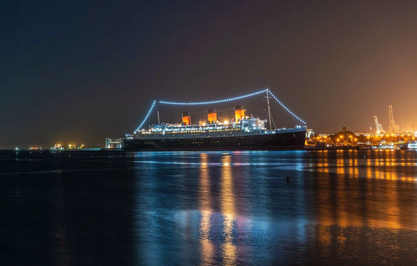 Wallpaper night, lights, shore, ships, lights, CA, Bay, USA, liner, Queen Mary, Long Beach image for desktop, section город