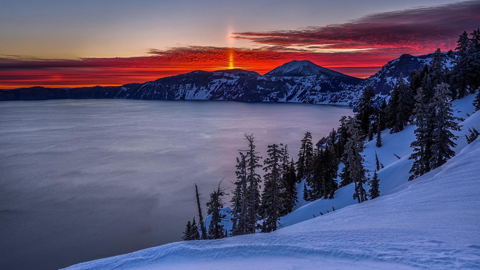 Wallpaper Mountains, Crater Lake, dawn, snow, winter, sunrise 1920x1080 Full HD 2K Picture, Image