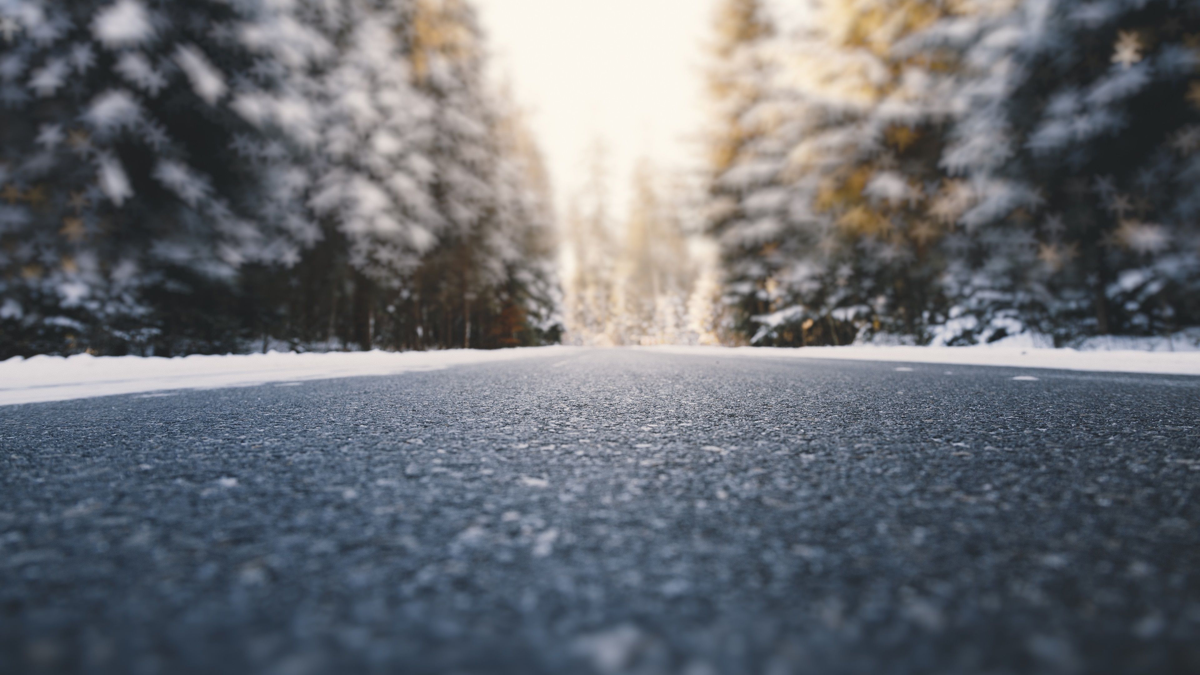 Wallpaper Road, ground, trees, snow, winter, blurry 3840x2160 UHD 4K Picture, Image