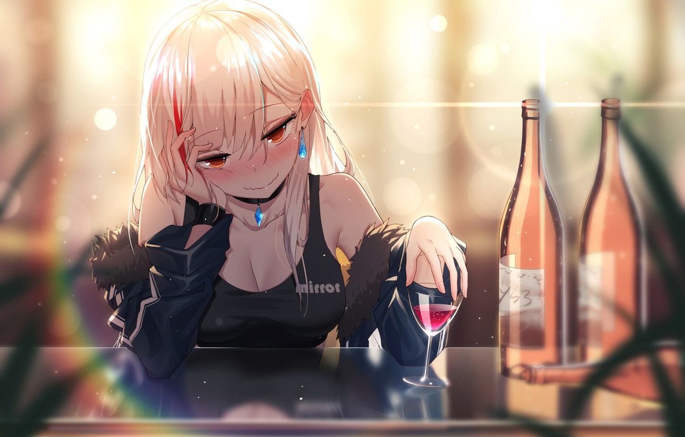 Wallpaper look, girl, wine, glass, bar .anime.goodfon.com