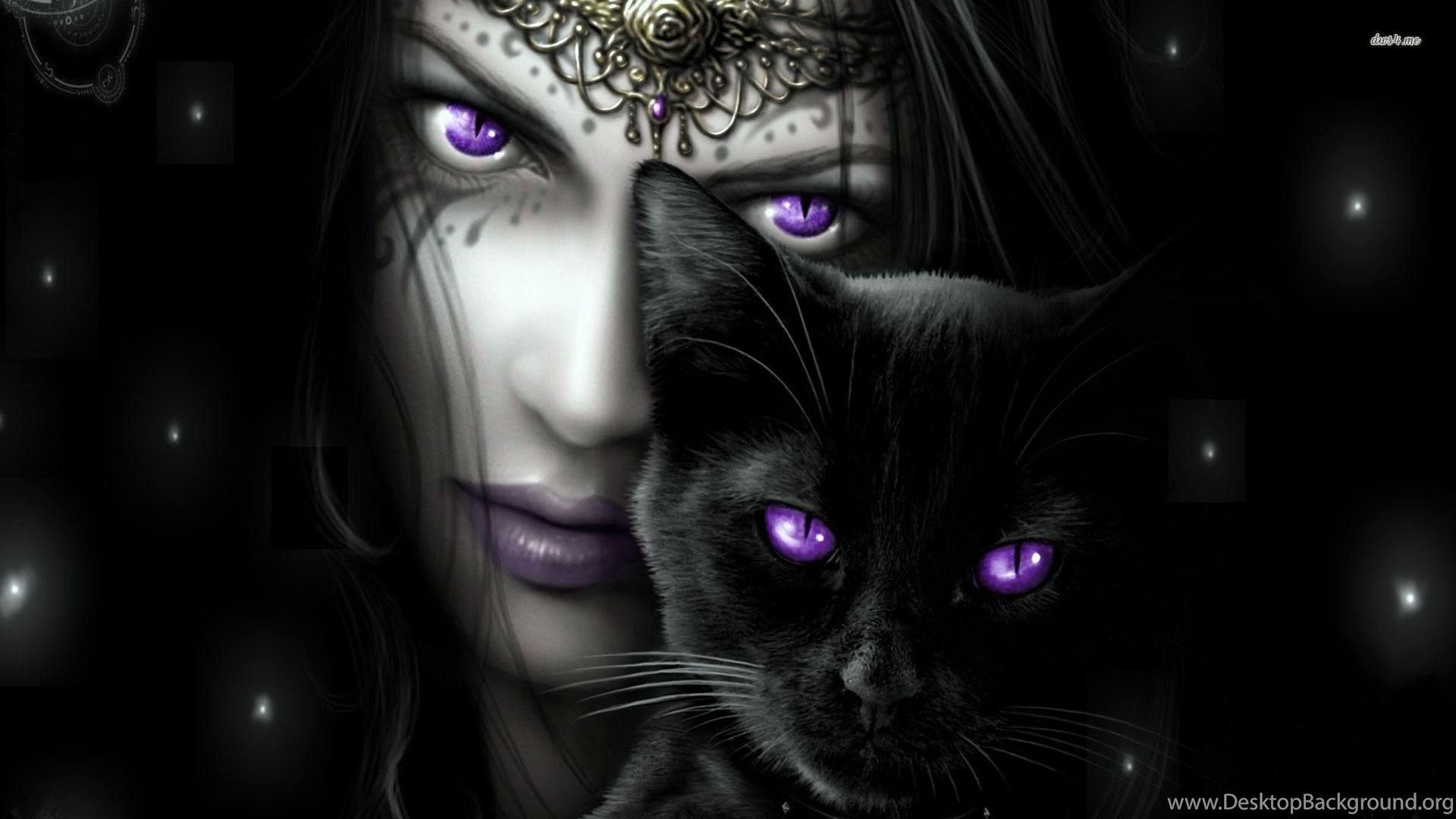 Purple Eyed Woman With Her Black Cat .desktopbackground.org