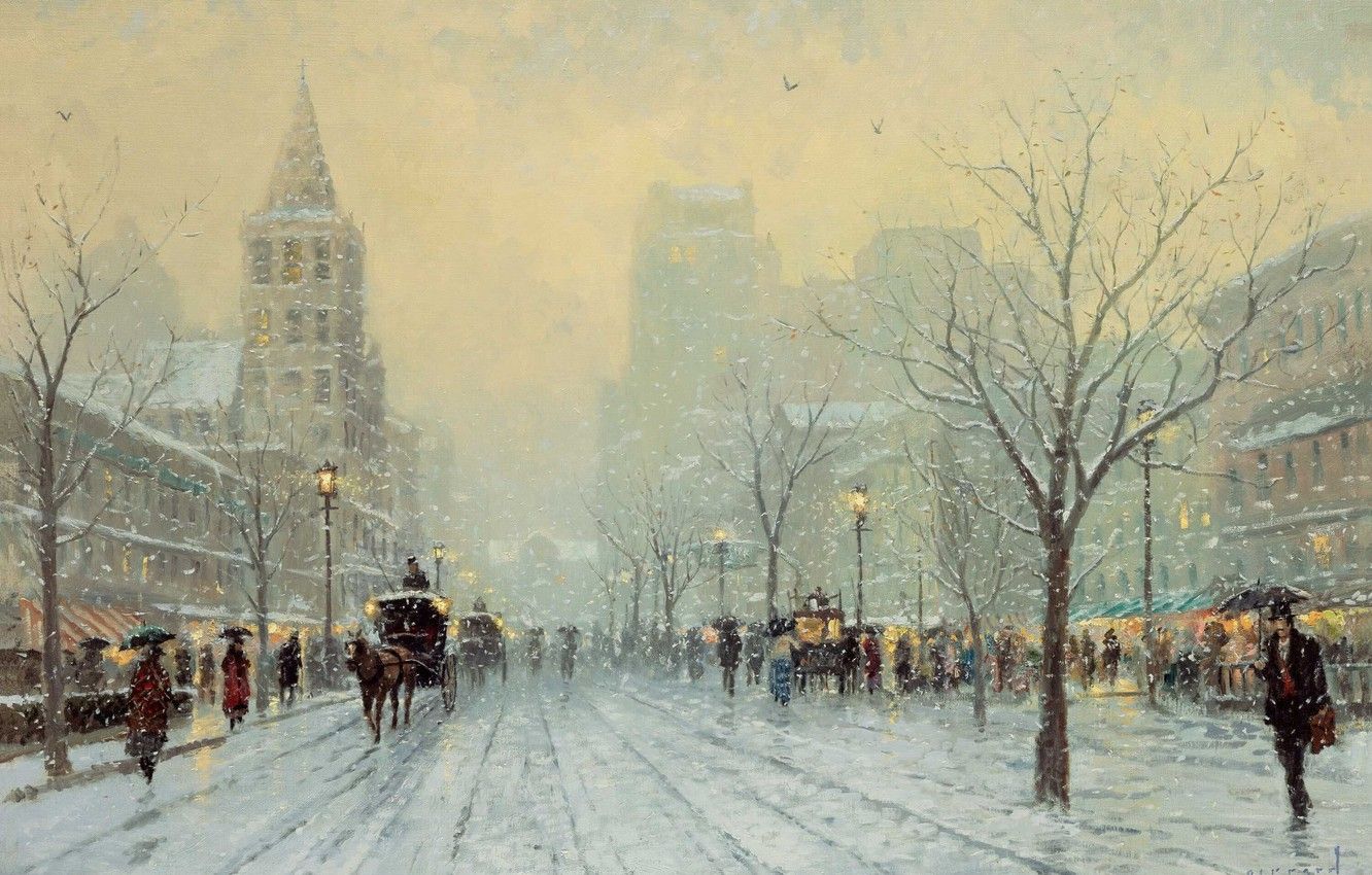 Wallpaper cold, winter, snow, fog, street, snow, France, Paris, building, ice, the evening, frost, lights, wagon, coach, painting image for desktop, section живопись