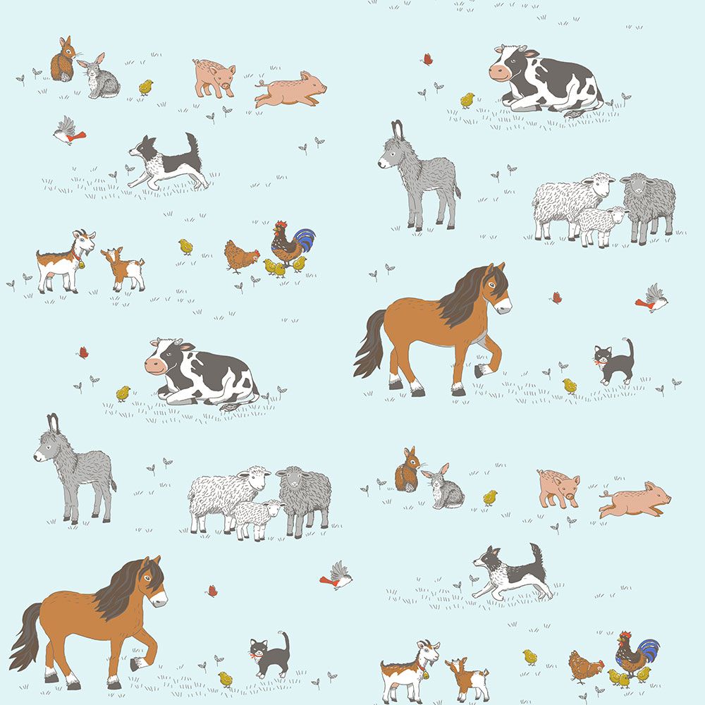 Farm Animals Bleu Wallpaper .designer Wallpaper.com · In Stock