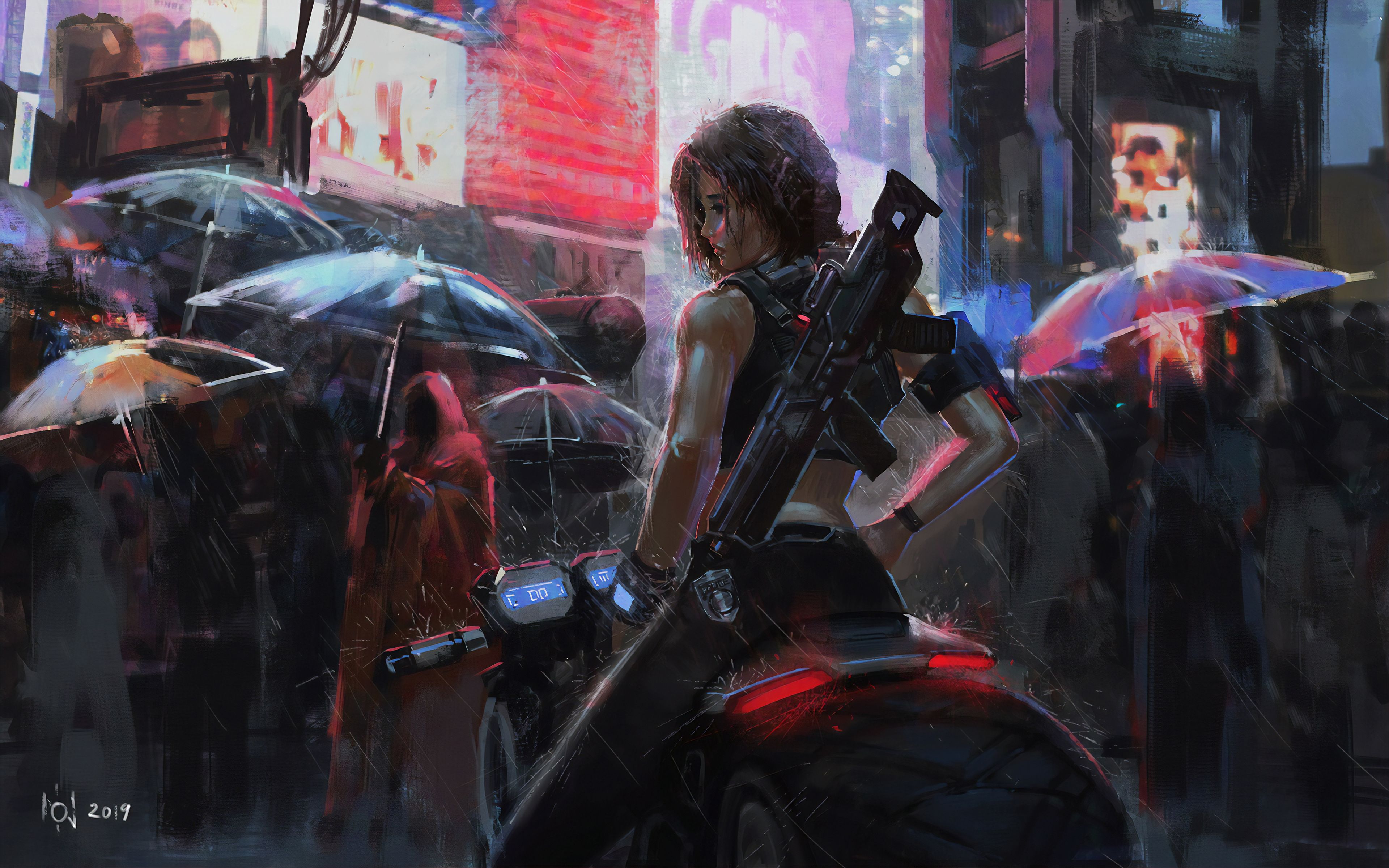 Neon Biker Girl Rain 4k HD Wallpaperdownhdwalls.com