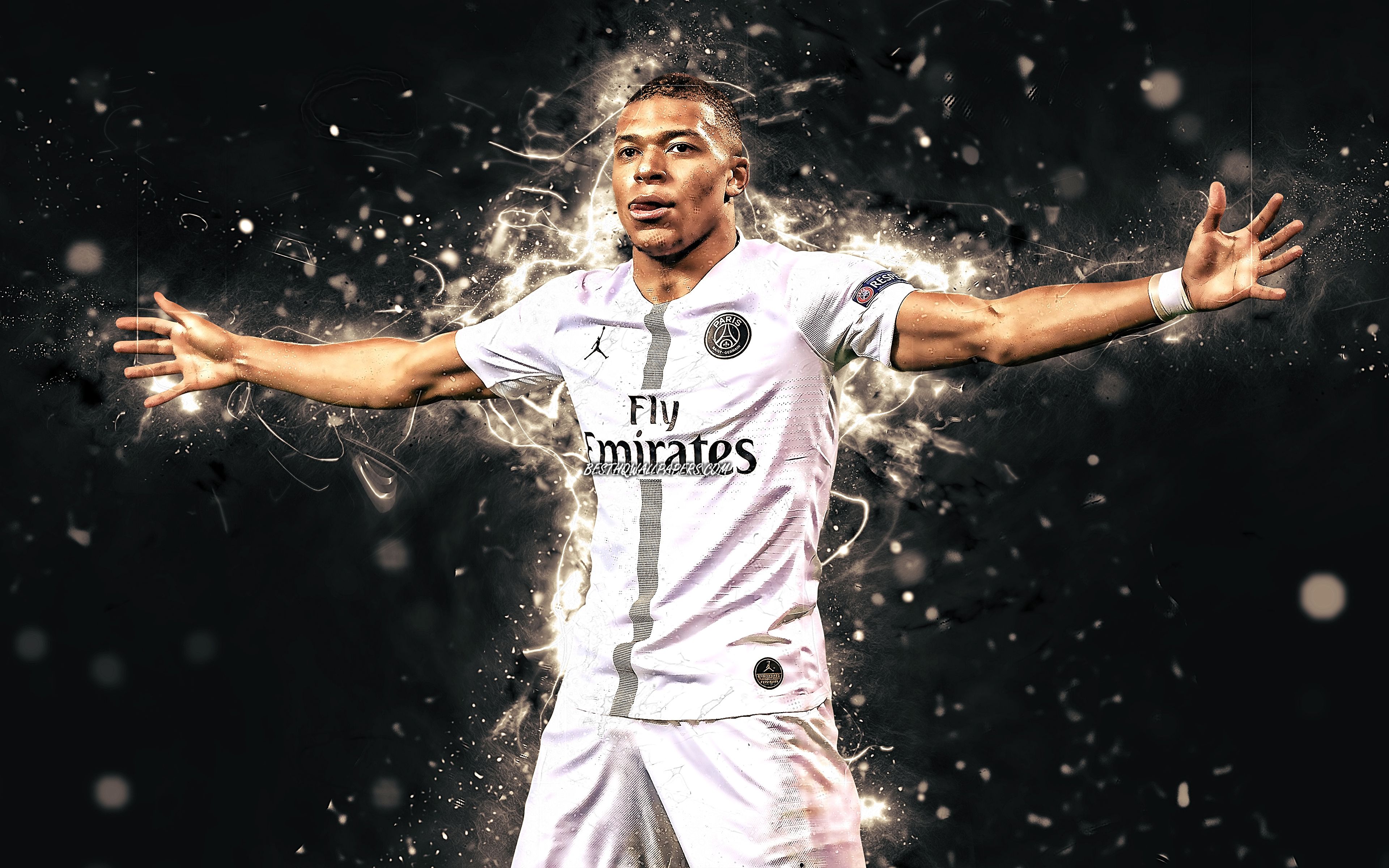 Download Wallpaper 4k, Kylian Mbappe, White Unifor, PSG, French Footballers, Match, Ligue Paris Saint Germain, Mbappe, France, Football Stars, Neon Lights, Soccer For Desktop With Resolution 3840x2400. High Quality HD Picture Wallpaper