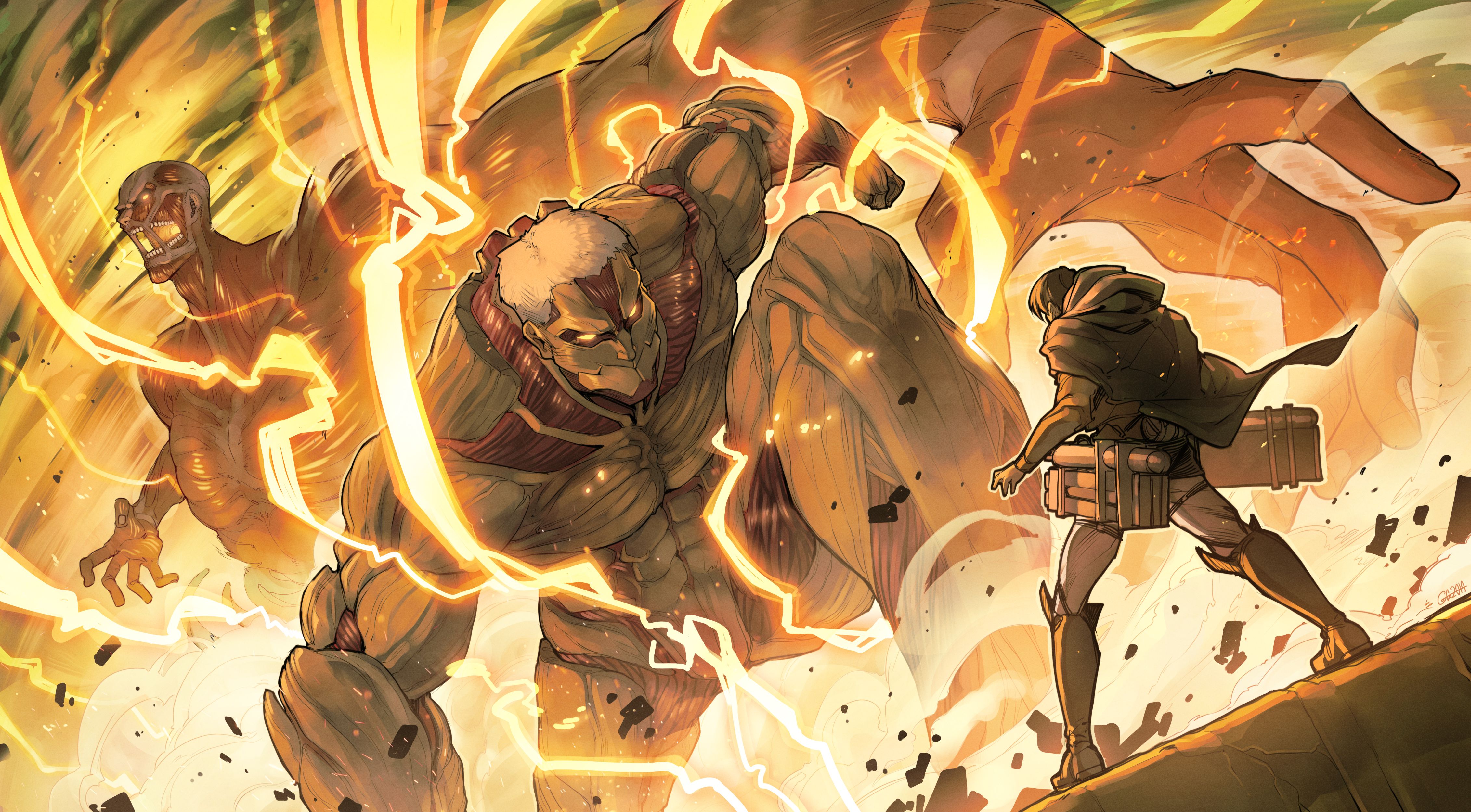 Attack On Titans Thunderbolt Anime Fire Anime Boys Shingeki No Kyojin Colossal Titan Armored Titan Wallpaper:4526x2500