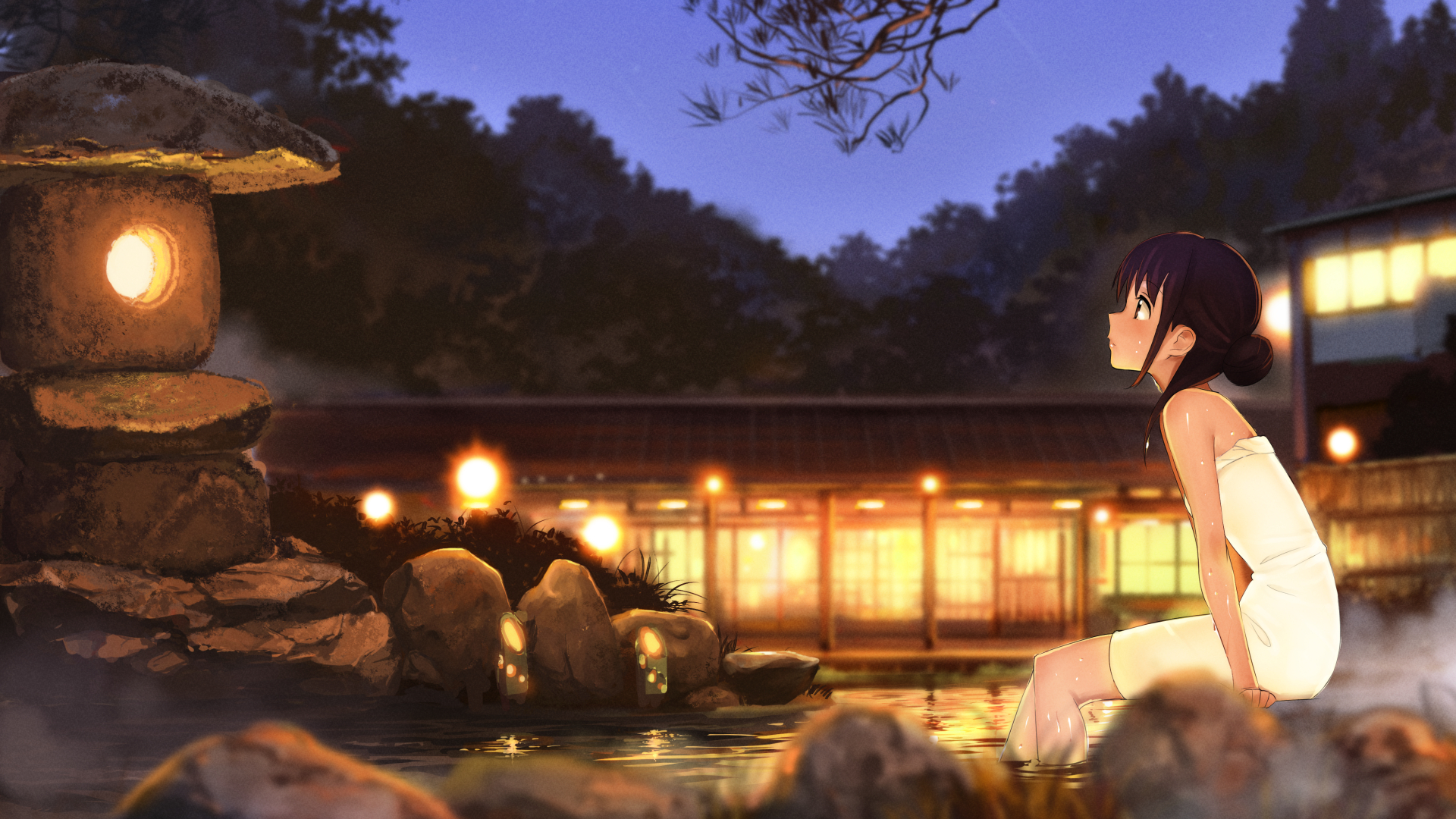 Anime Girls Hot Spring Water Lights House Outdoors Wallpaper:1920x1080