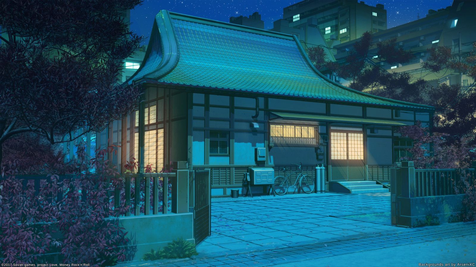 Крыша дома аниме фон ночь