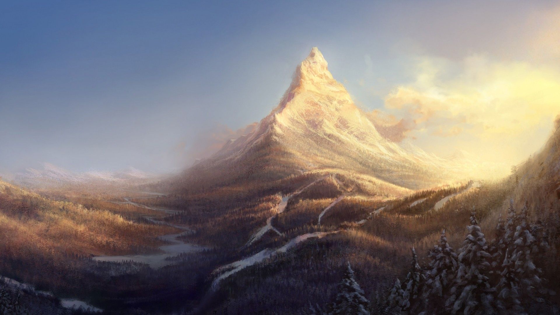 artwork, mountain peak wallpaperf.co.ua