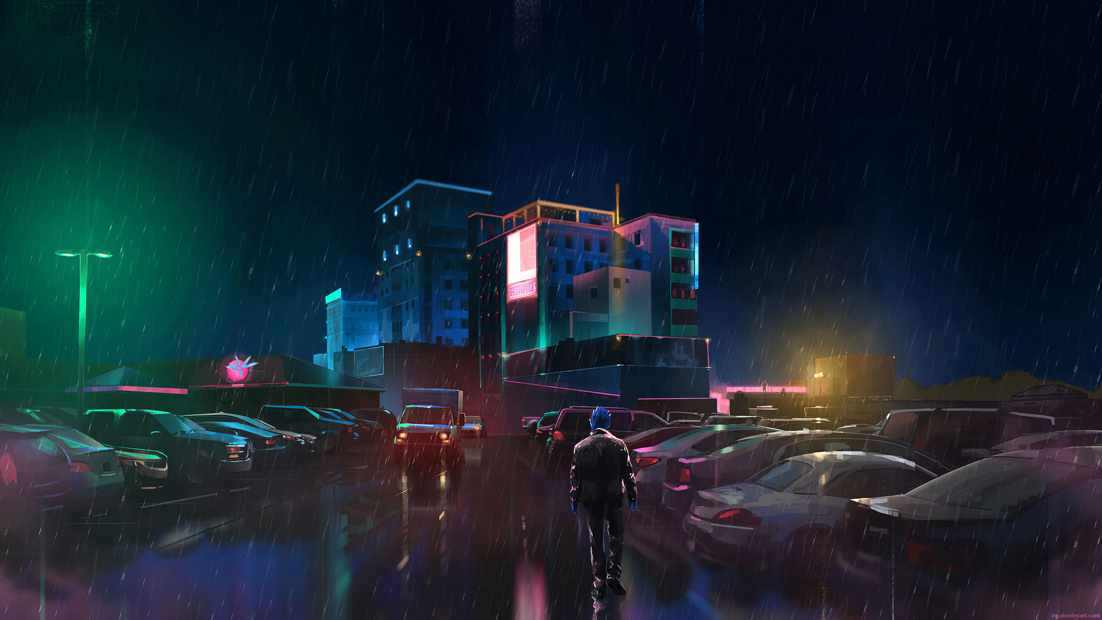Neon Man Walking In Rain 4k, HD Artist .hdqwalls.com