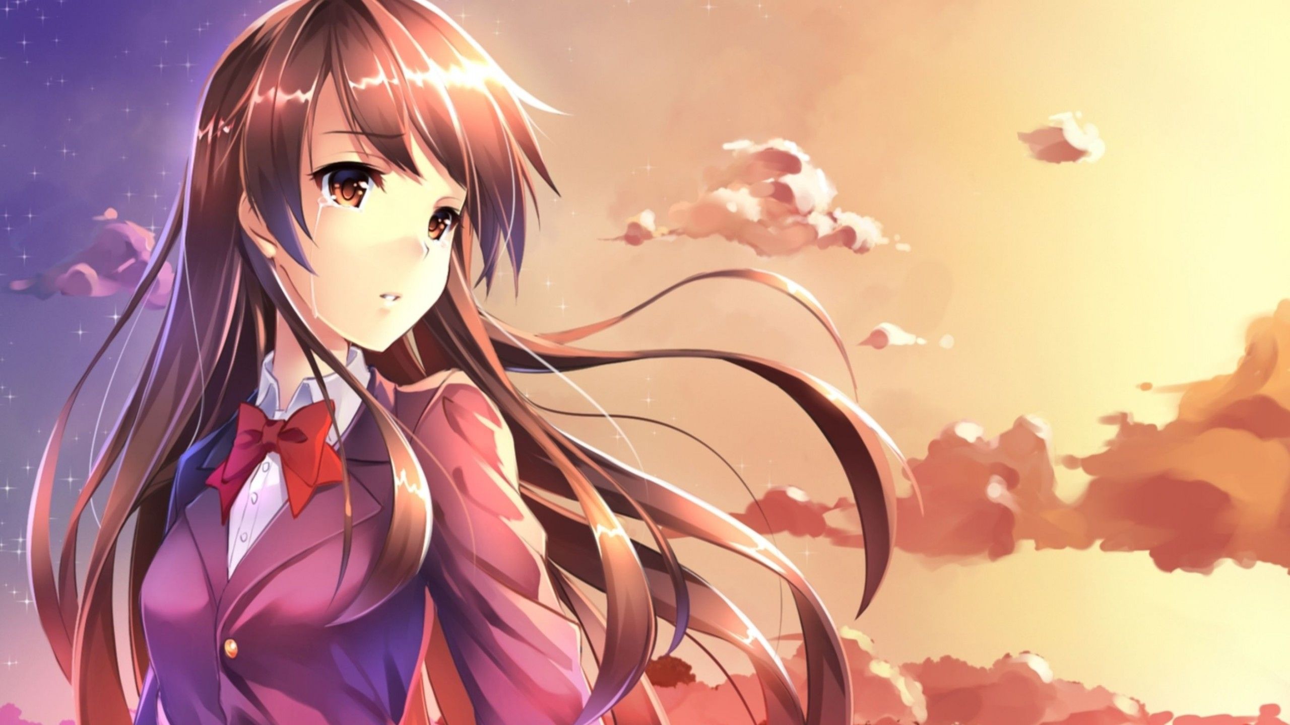 Sunset Tears Red Bow Crying Anime Girl .dailyhdwallpaper.com