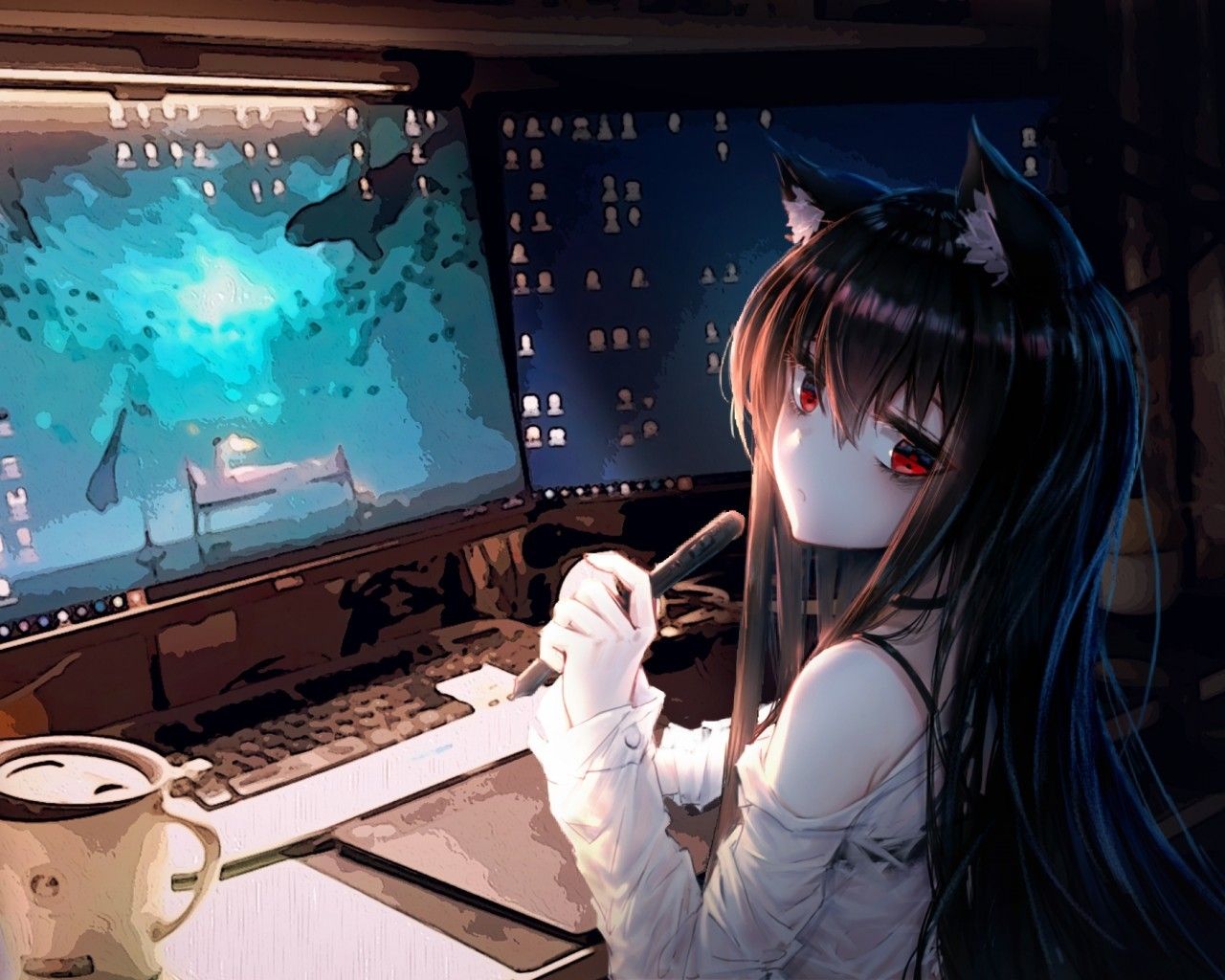 Anime Cat Girl, Room, Computer, Animal Ears, Coffee, Gamer Girl Computer