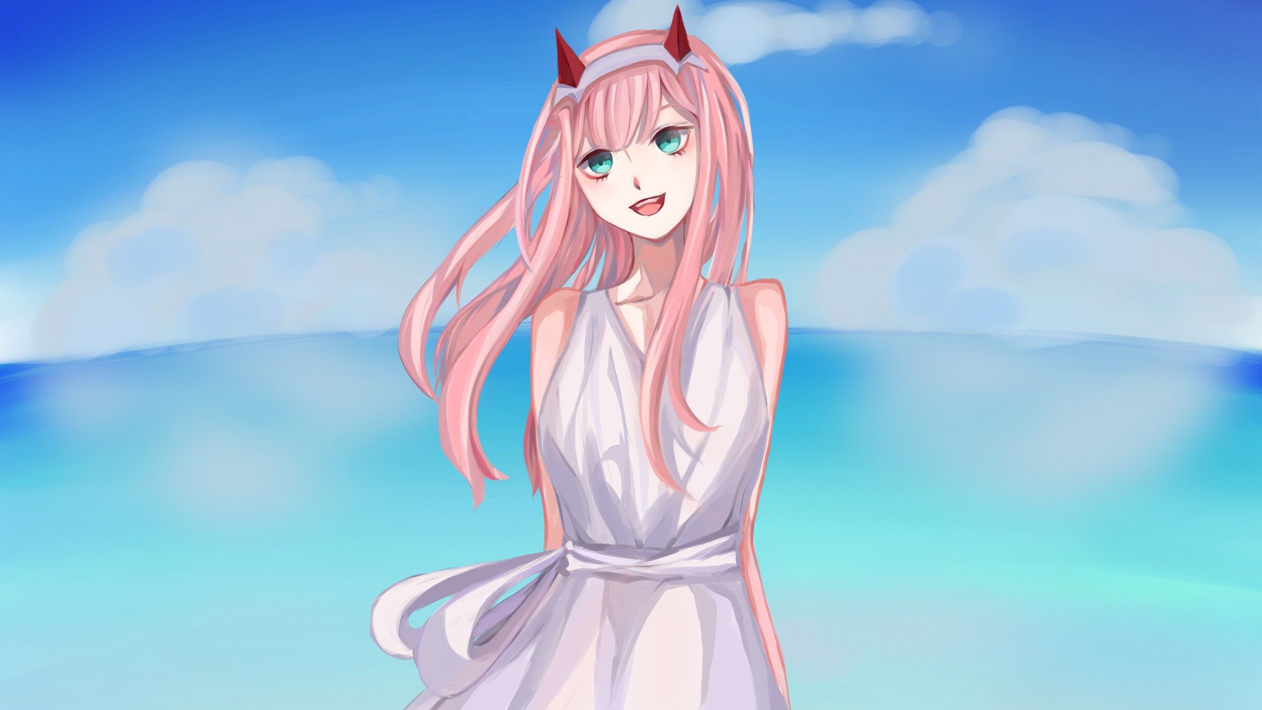 darling in the franxx zero two with pink hair and red horn with background of blue sky and clouds HD anime Wallpaper