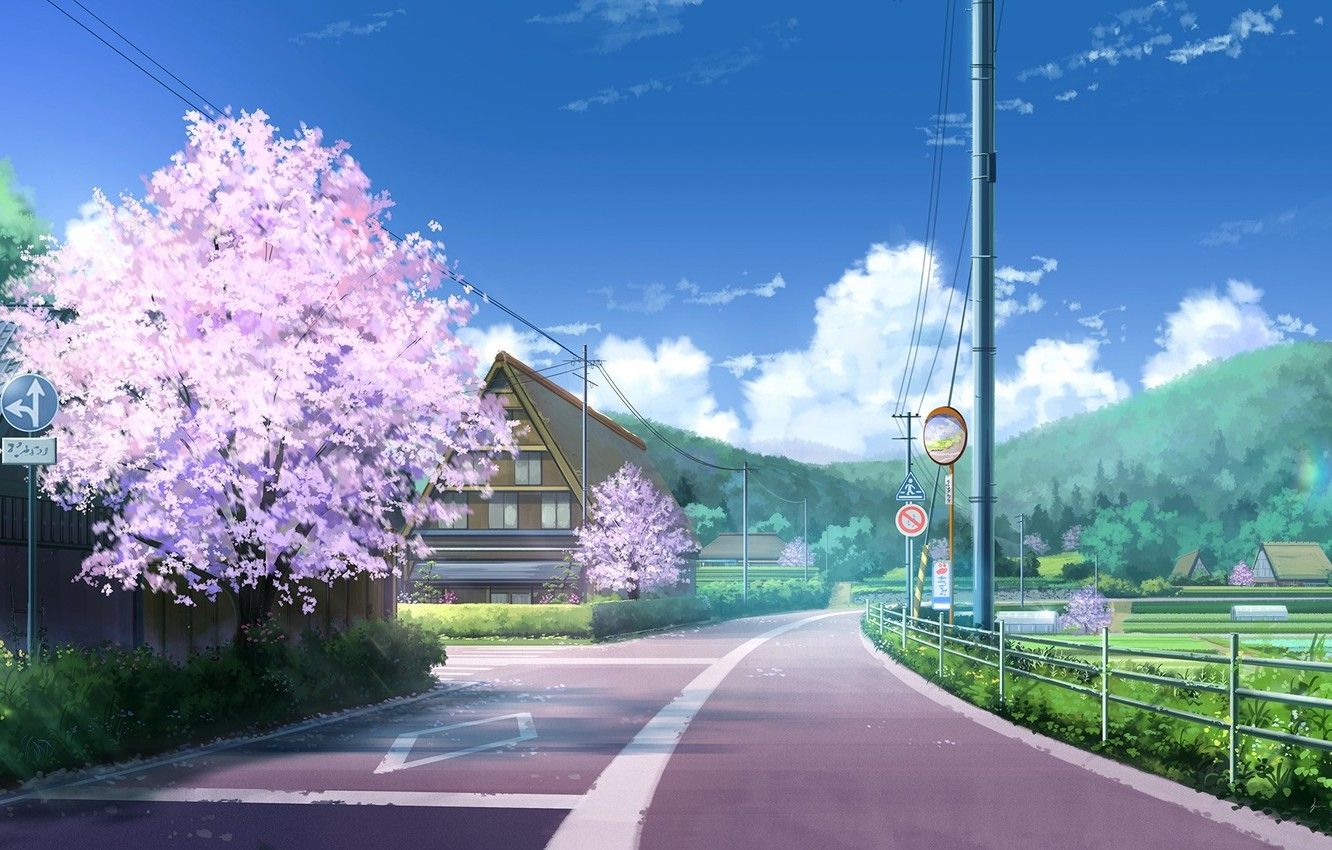 Wallpaper Road, Clouds, Hills, Posts, Wire, Home, Sakura, Village, Signs, Japan, Art, Road, Niko P Image For Desktop, Section прочее