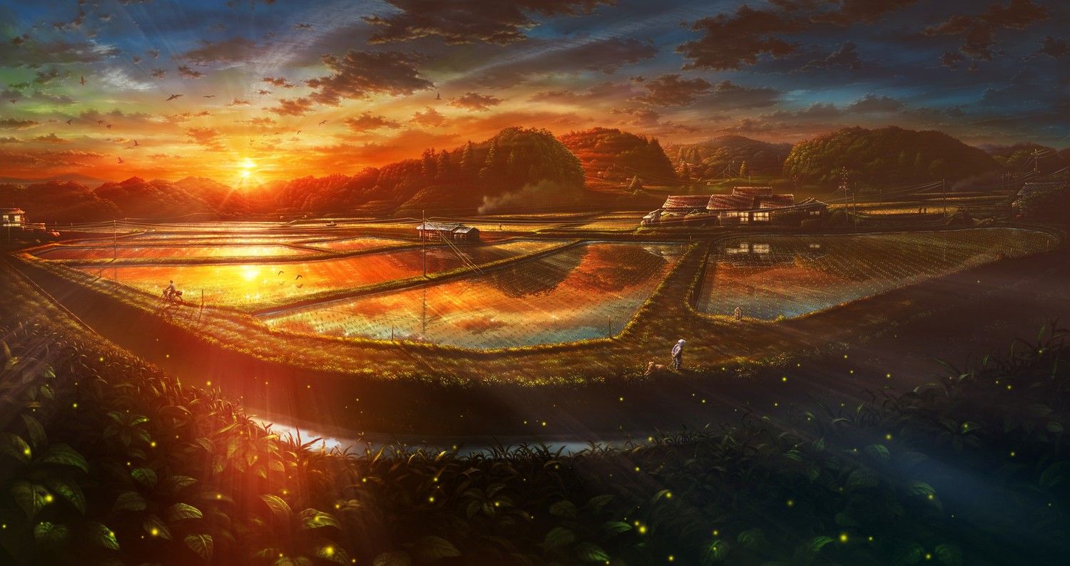 Anime Village Rice Sunset Wallpaper .wallha.com
