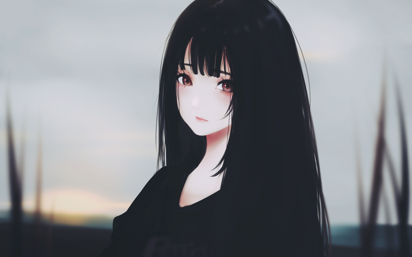 Anime Girl, Black Hair, Sad Expression, Semi Realistic Sad Anime Girl