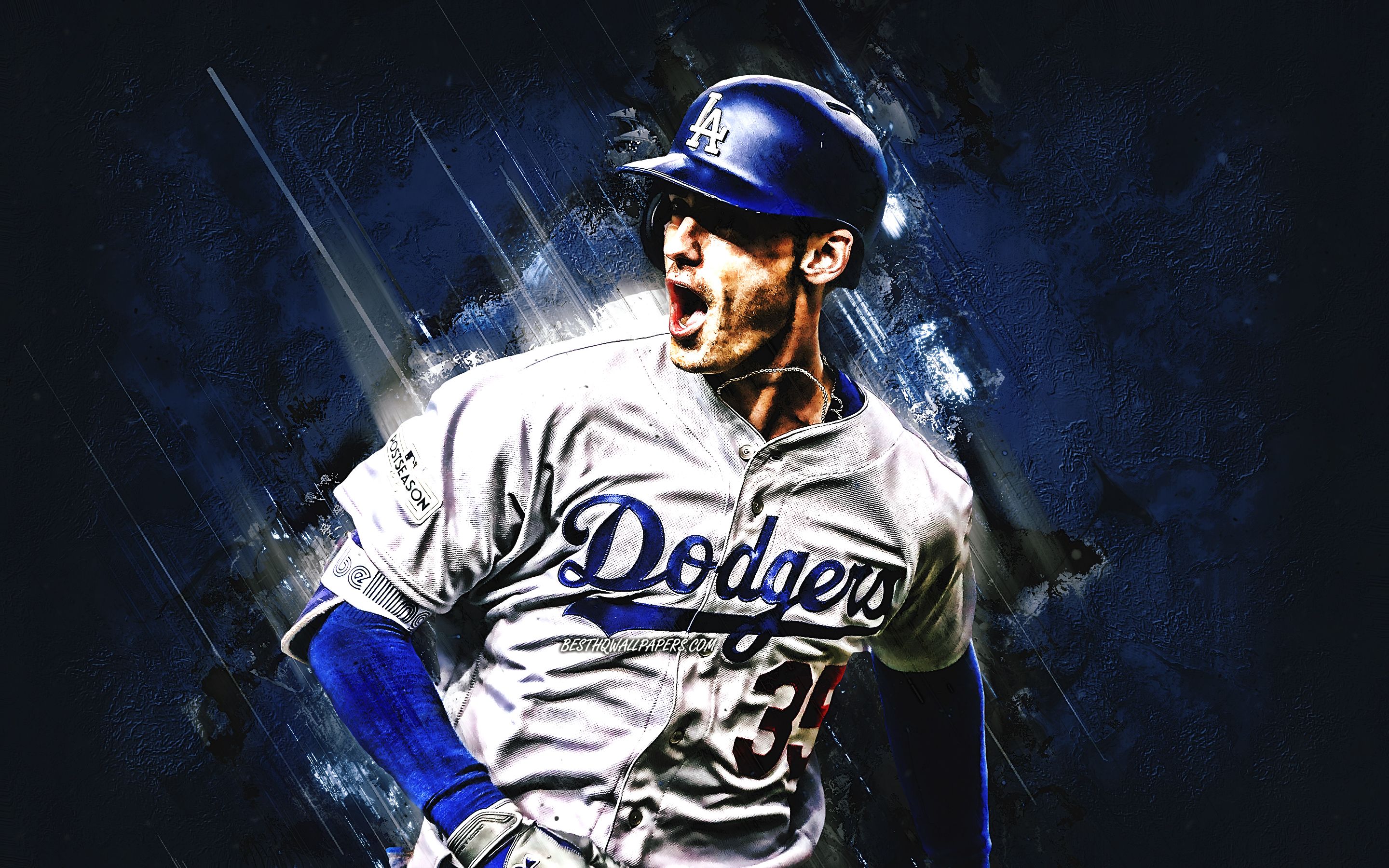 Download wallpaper Cody Bellinger, Los Angeles Dodgers, MLB, american baseball player, portrait, blue stone background, baseball, Major League Baseball for desktop with resolution 2880x1800. High Quality HD picture wallpaper