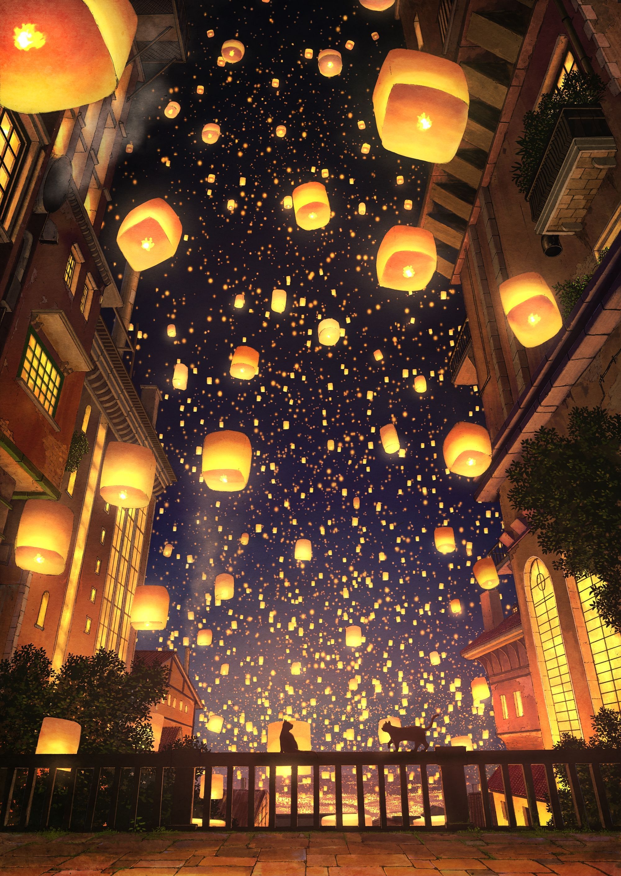 Download 2000x2820 Anime Festival, Lanterns, Night, Fence, Scenic, Cats, Mood Wallpaper. Beautiful wallpaper, Disney phone wallpaper, Cute wallpaper background