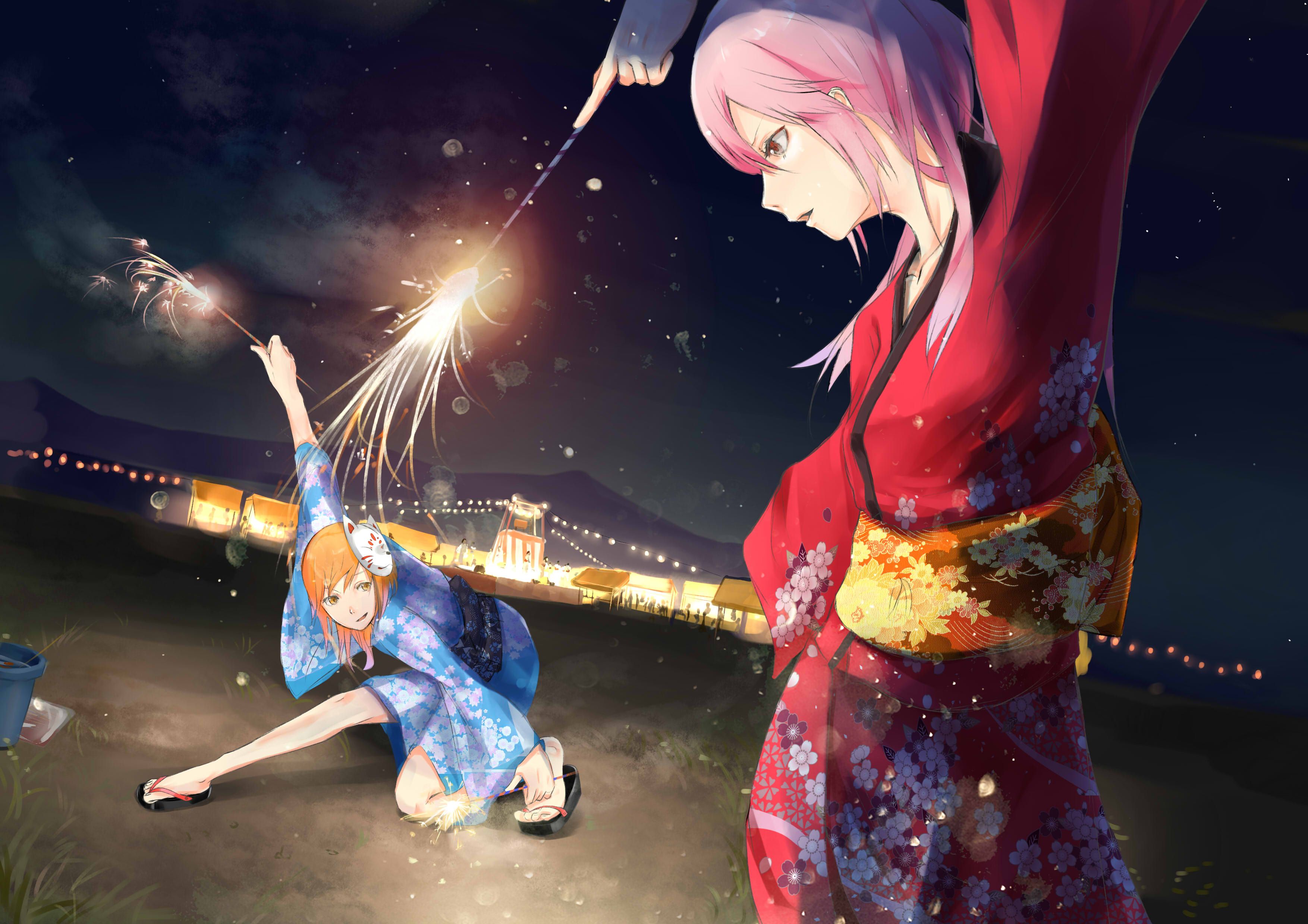 Festival Fireworks Girl Night Yukata .wallha.com