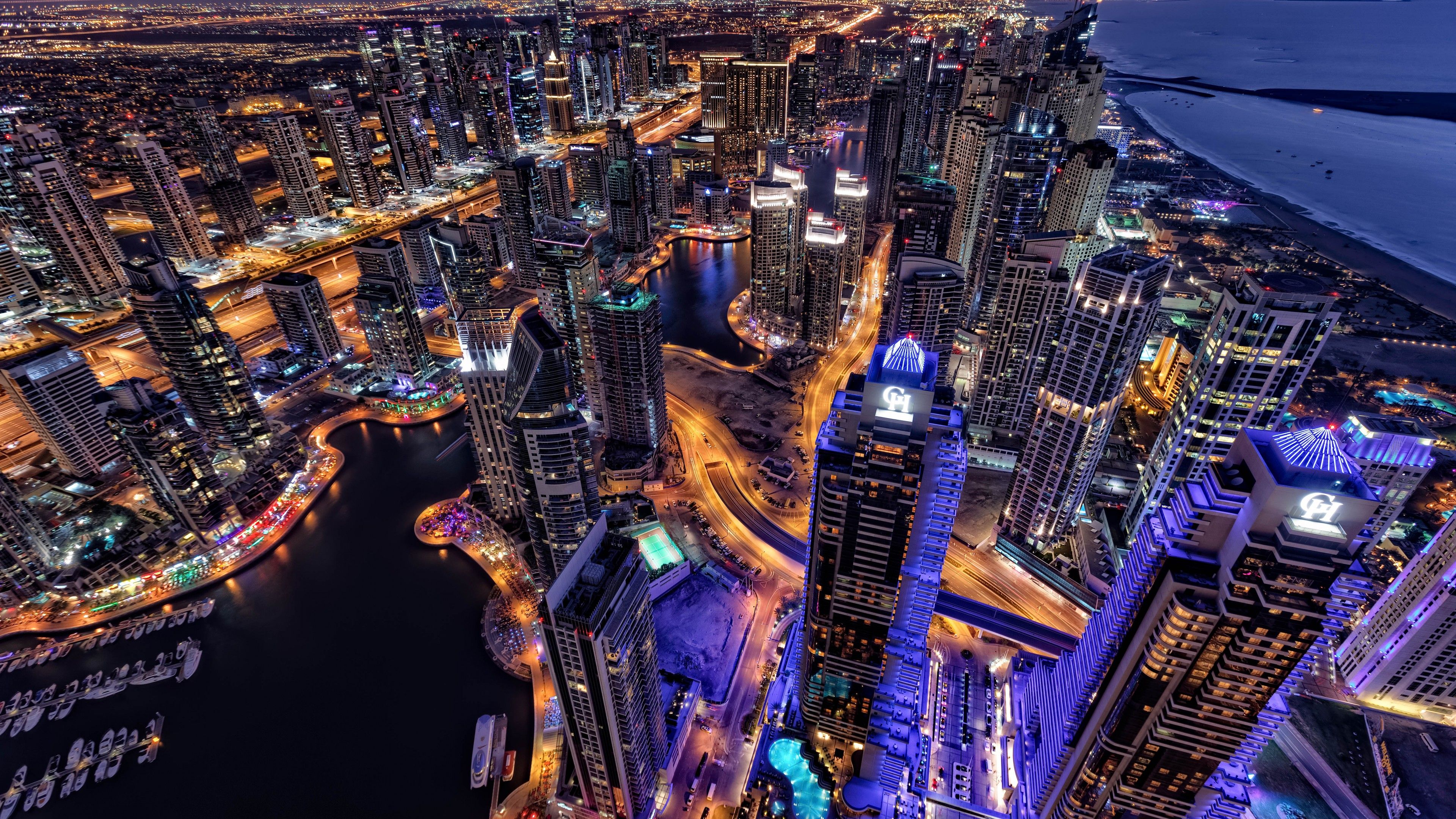 Dubai 4K Wallpaper, Cityscape, Skyline, Aerial view, Skyscrapers, City lights, Night, HDR, World
