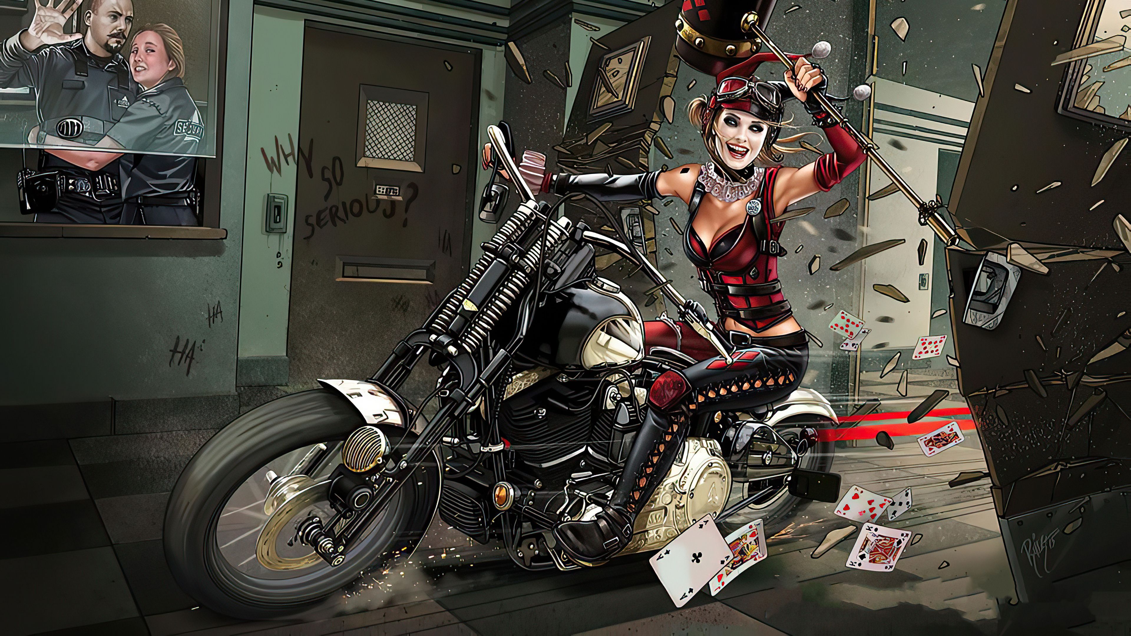 Harley Quinn With Bike Break Into Police Station, HD Superheroes, 4k Wallpaper, Image, Background, Photo and Picture