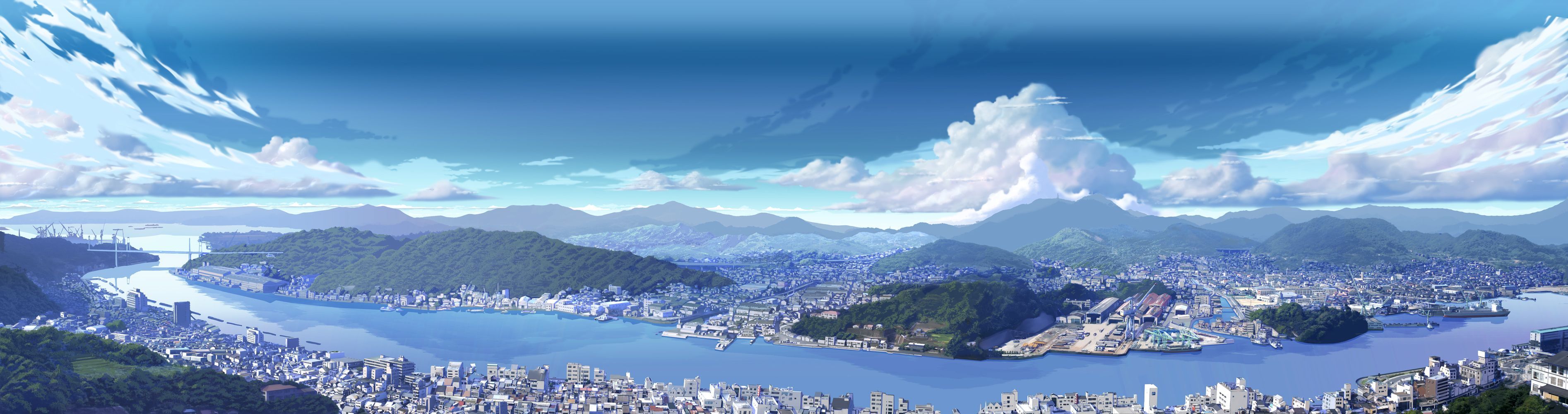 dual monitor wallpaper anime city landscape