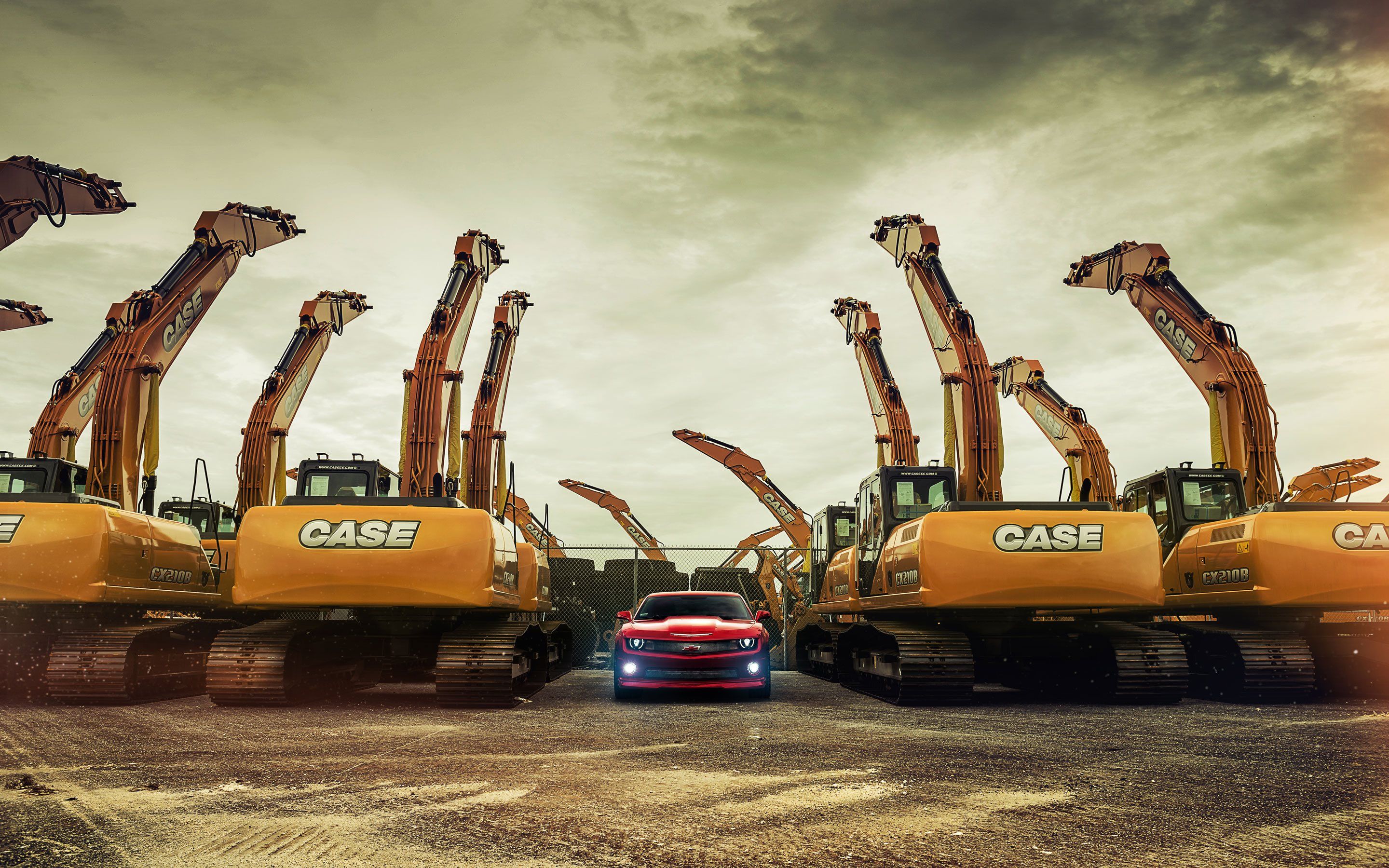 Download wallpaper Case CX210B, hydraulic excavator, construction machinery, Chevrolet Camaro for desktop with resolution 2880x1800. High Quality HD picture wallpaper