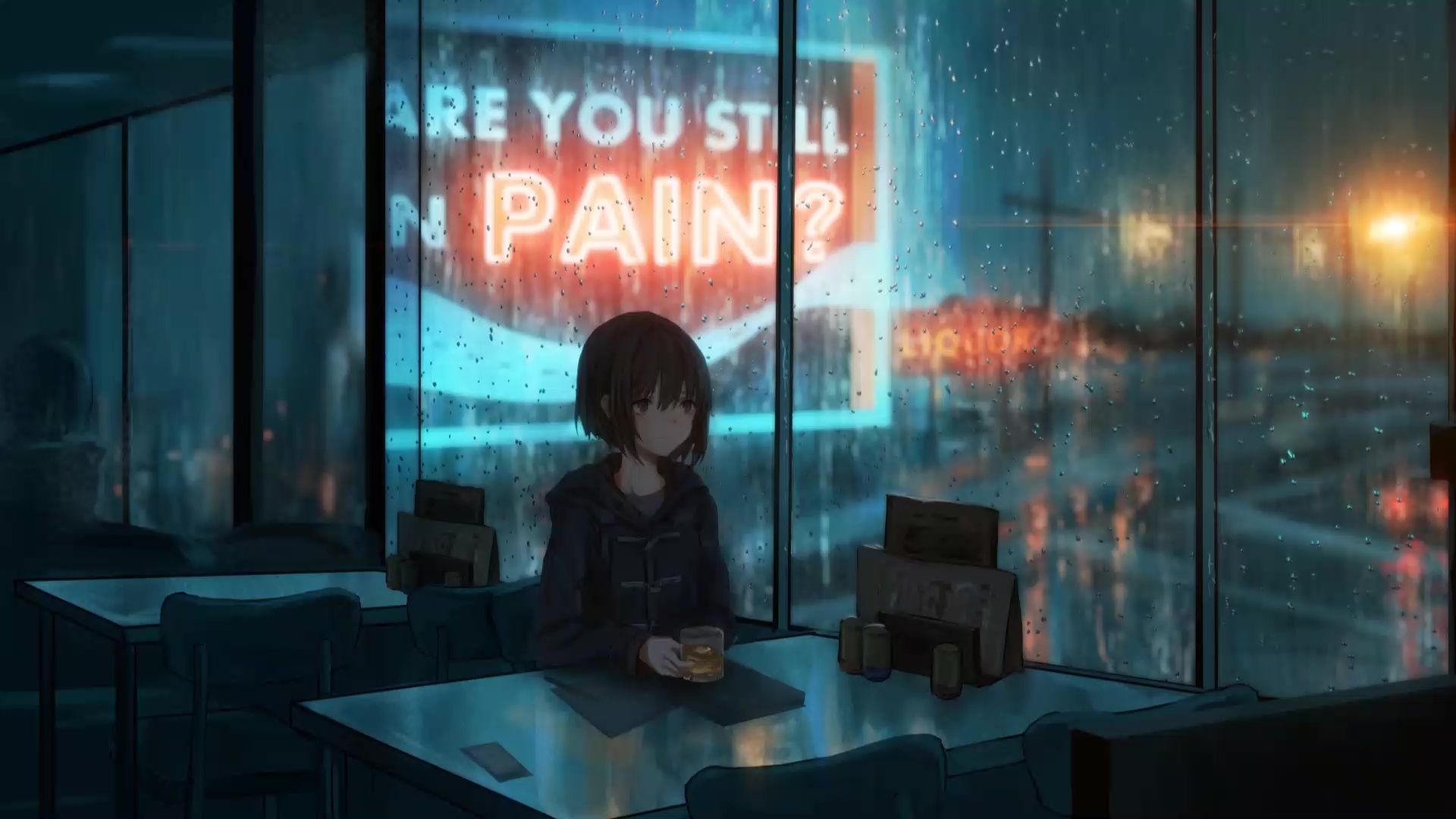 Coffeeshop Anime Girl Raining Live Wallpaper