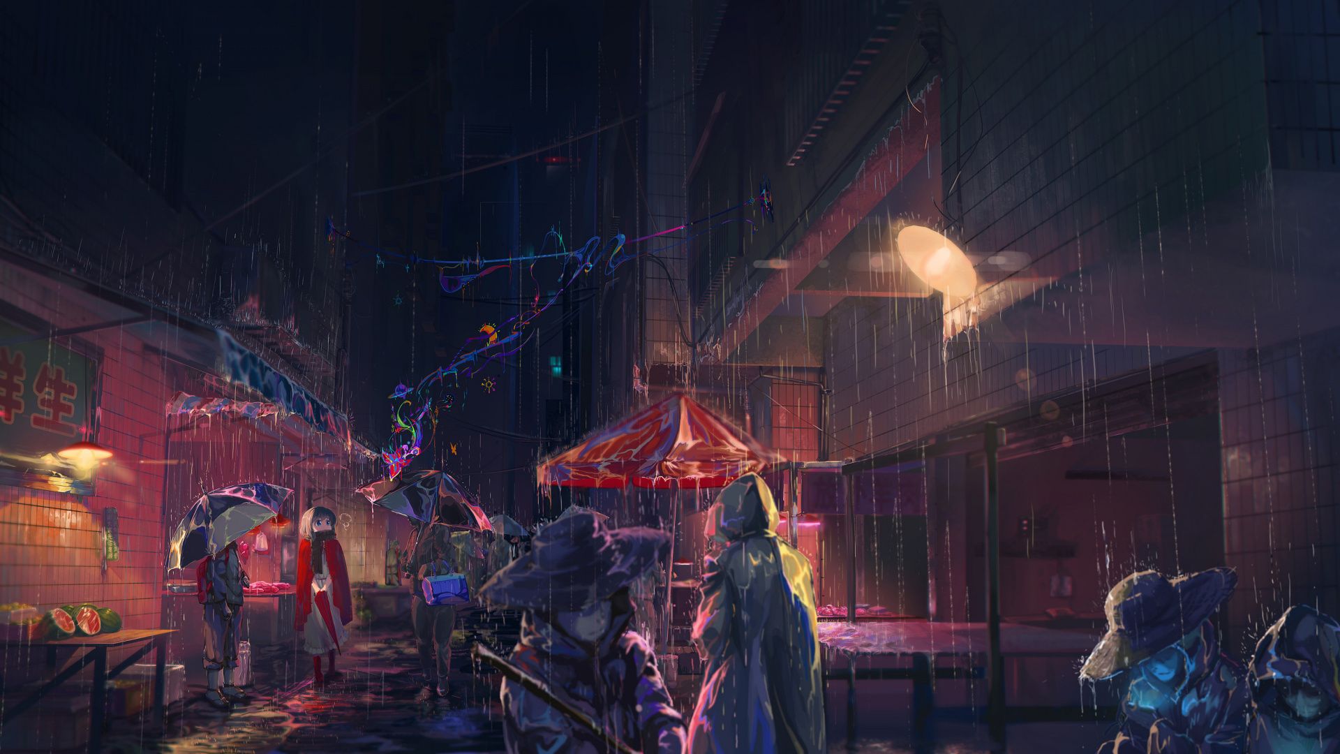 Rain, Anime Girl, Umbrella, Art, Original, Wallpaper Rain Night City