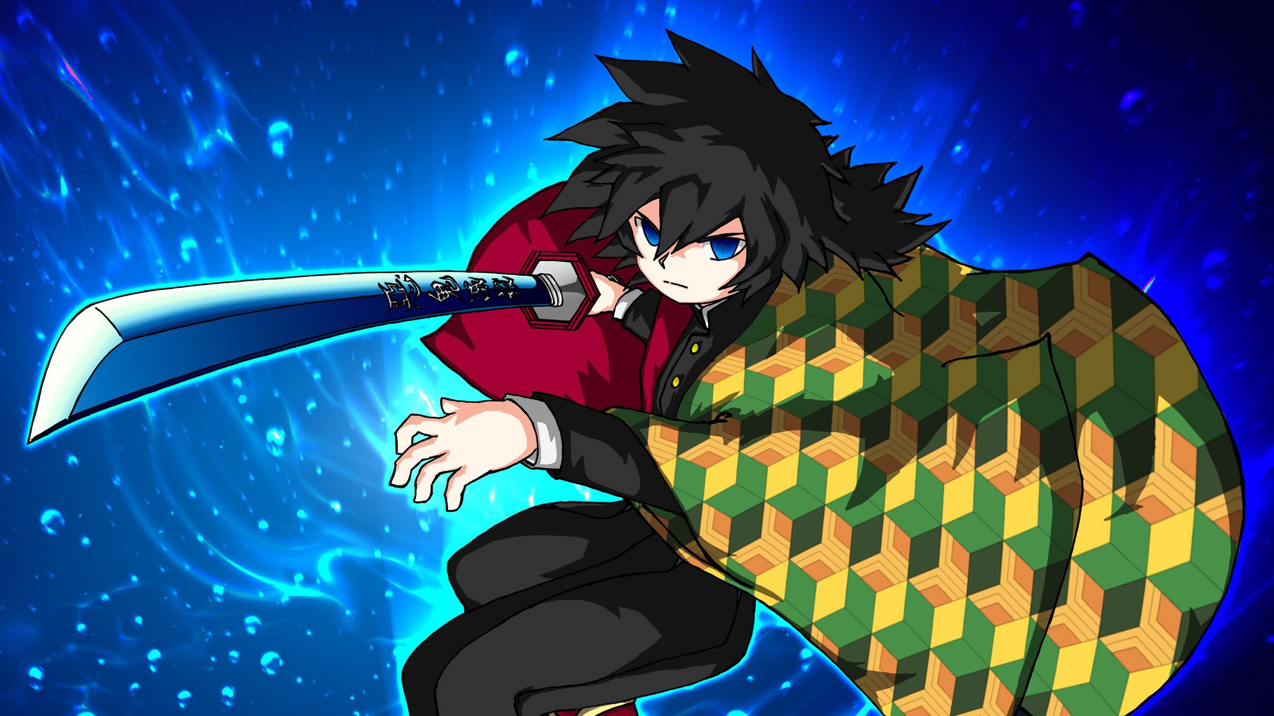 Demon Slayer Giyuu Tomioka Having Sword With Blue Eyes And Background Of Dark Blue And Center Blue Lighting HD Anime Wallpaper