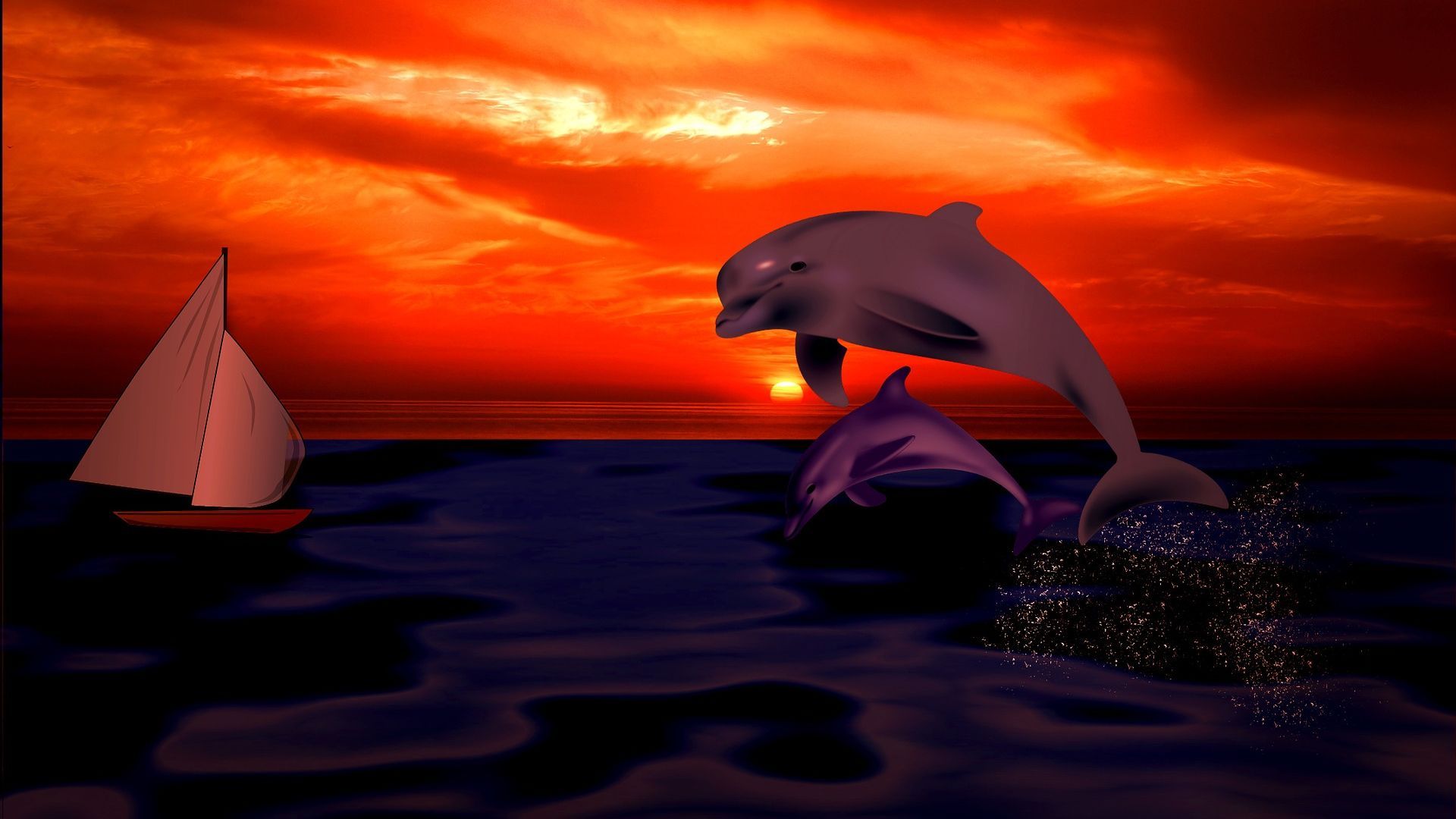 Красный закат с дельфинами