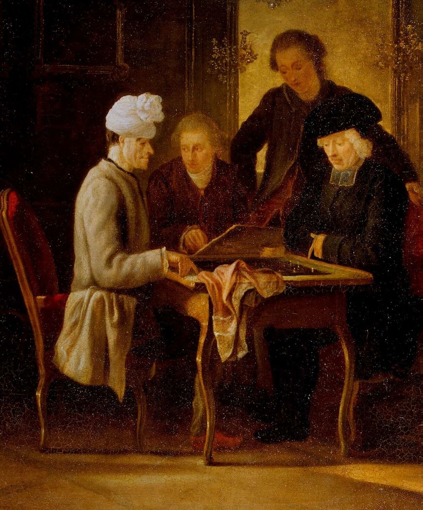 Voltaire playing chess with Father Adam .useum.org