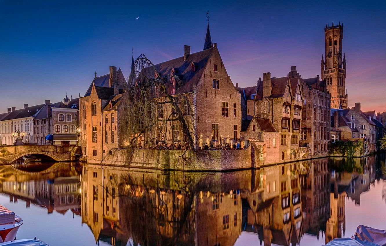 Wallpaper night, bridge, lights, reflection, home, channel, Belgium, Bruges image for desktop, section город