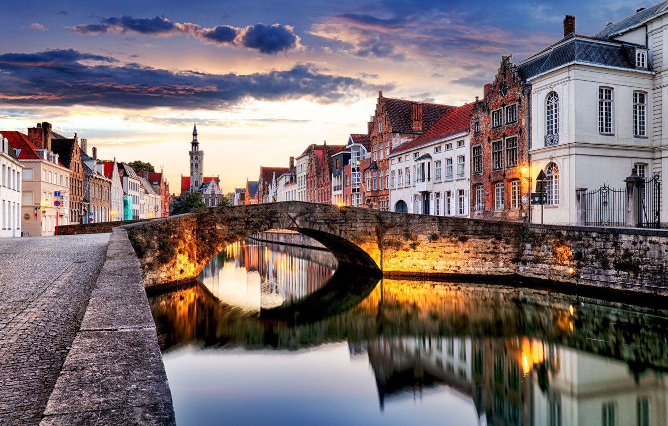 Wallpaper the city, river, the evening, Belgium, street, Belgium, Bruges, Bruges image for desktop, section город