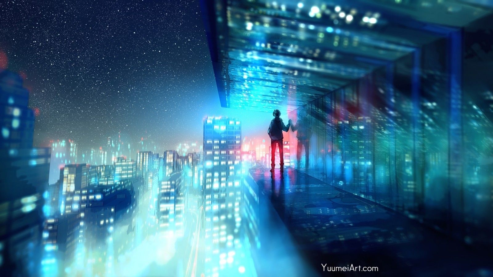 Anime City, Night, Buildings, Cityscape, Boy